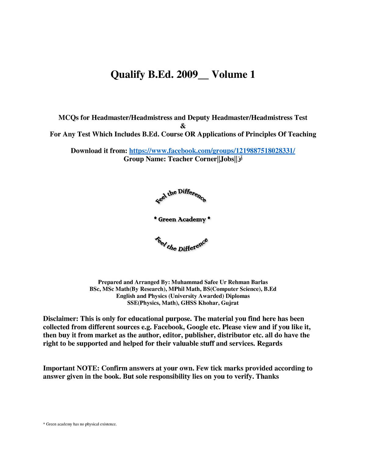 Qualify B.Ed. Volume-I - Qualify B. 2009__ Volume 1 MCQs For Headmaster ...