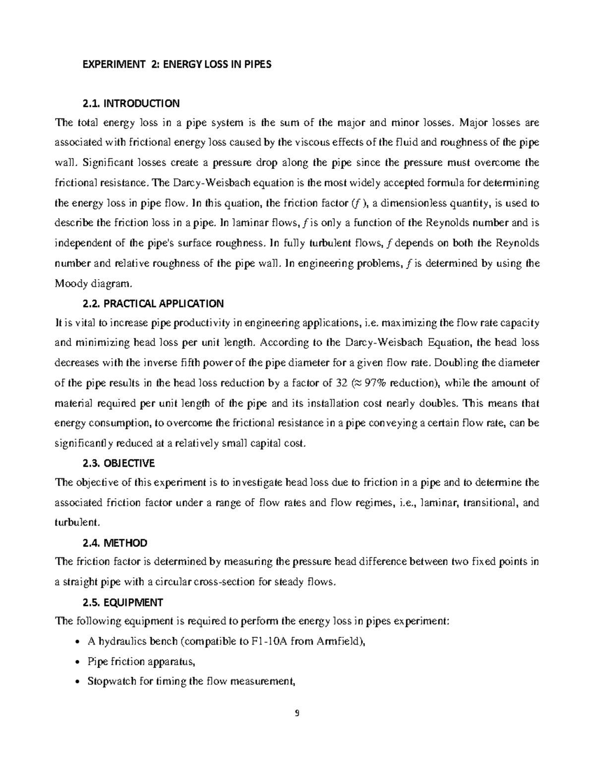 Fluid Mechanics Lab Manual Part 3 EXPERIMENT 2 ENERGY LOSS IN PIPES