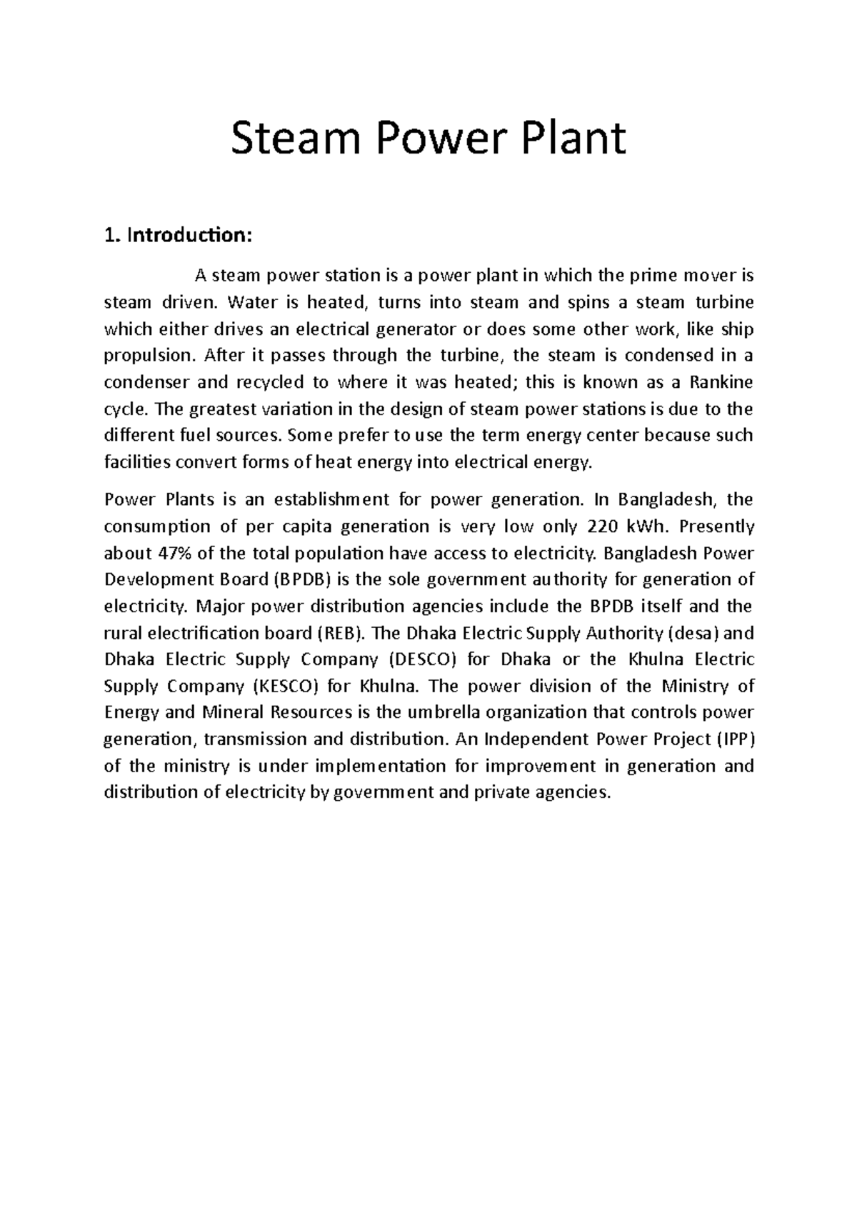 Steam Power Plant Lab report Steam Power Plant 1. Introduction A