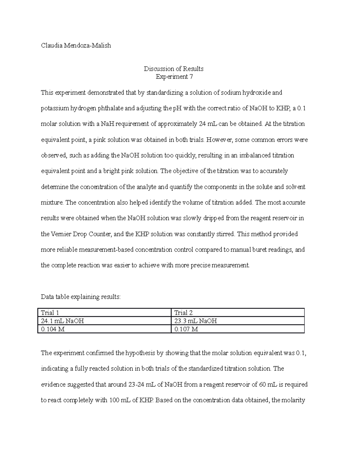 Discussion of results Lab report parts Claudia MendozaMalish