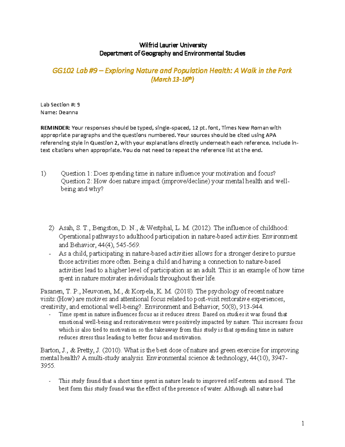 GG102 Lab 9 lab 1 Wilfrid Laurier University Department of