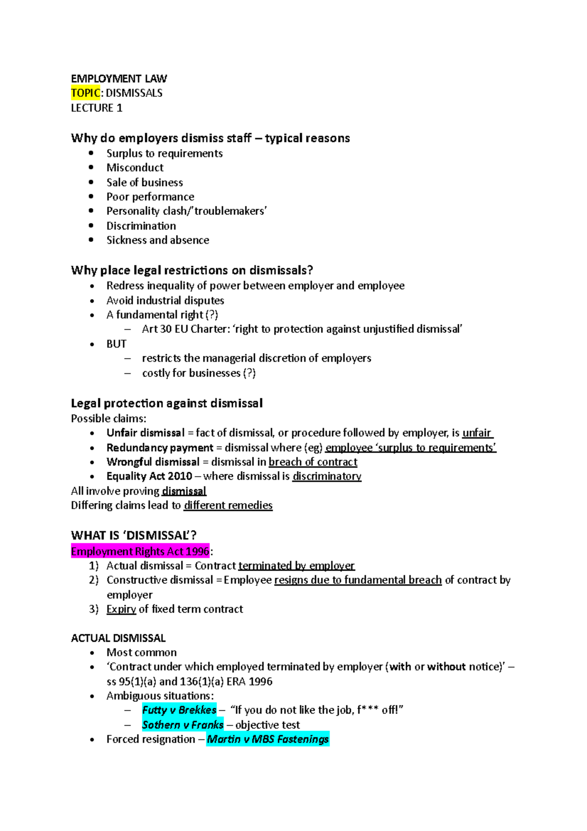 Dismissals - lecture 1 - EMPLOYMENT LAW TOPIC: DISMISSALS LECTURE 1 Why ...
