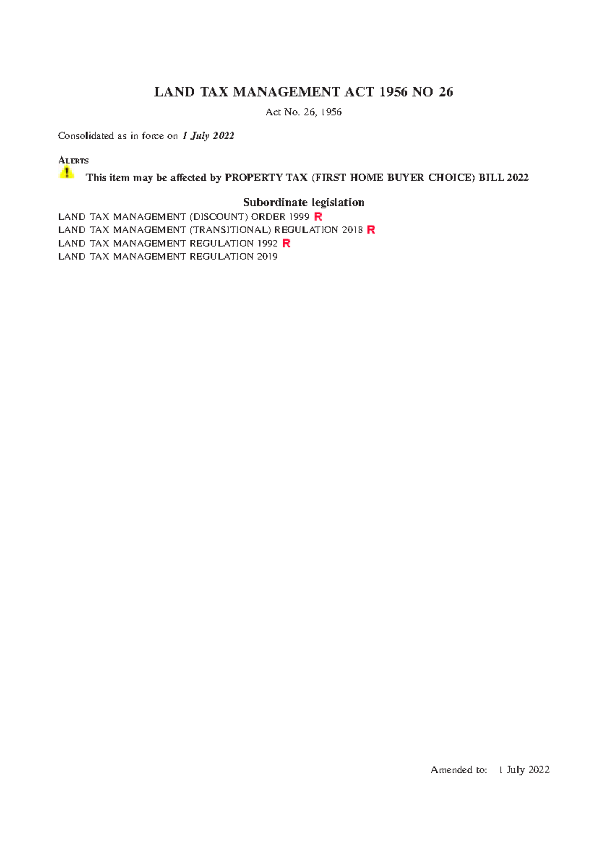 (NSW) LAND TAX Management ACT 1956 NO 26 ALERTS Act No. 26