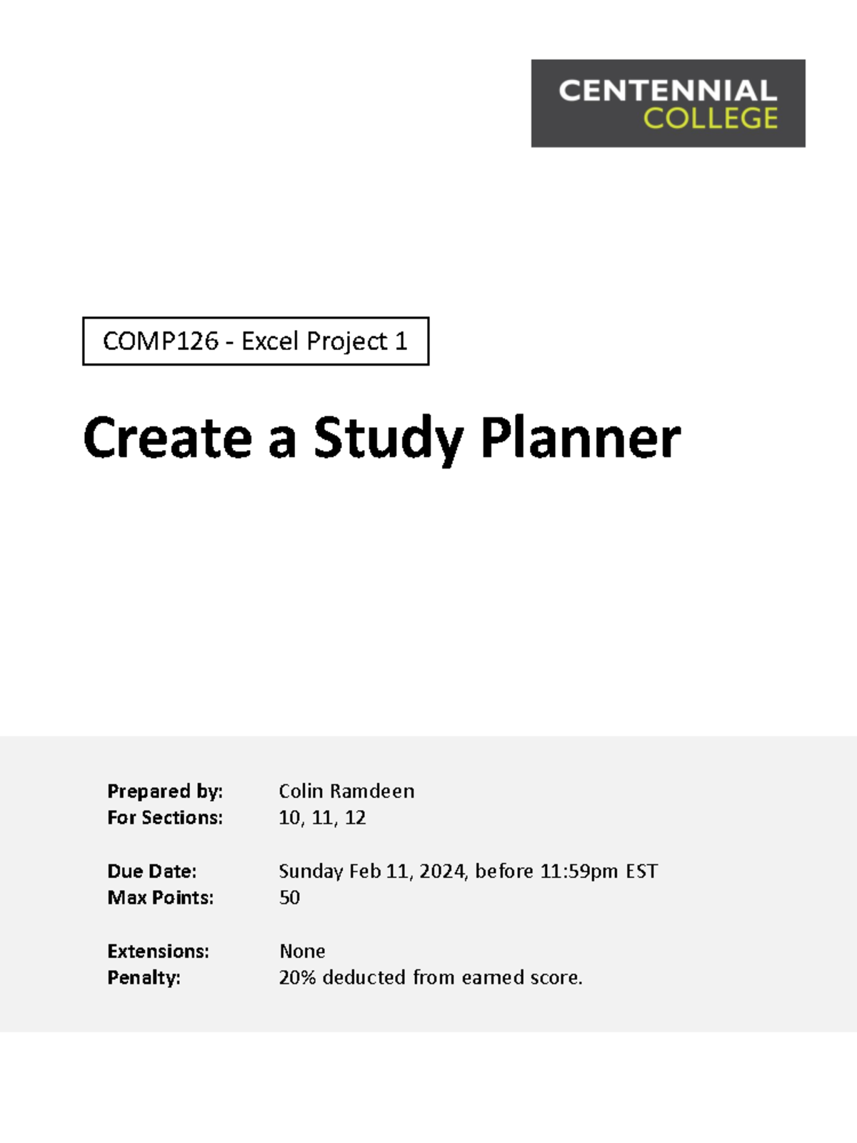 COMP126 - Excel Project 1 - Create a Study Planner Prepared by: Colin ...