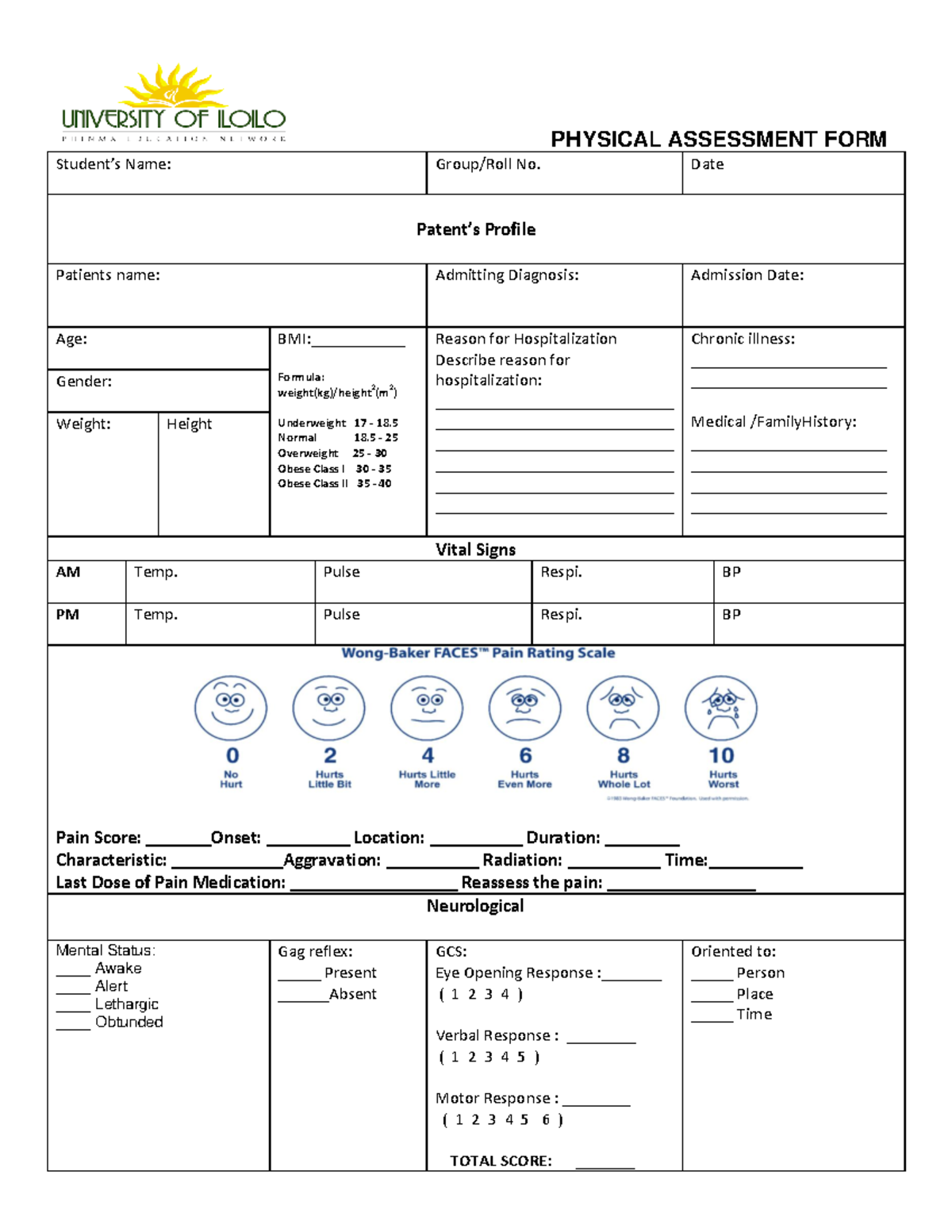 Physical Assessment Form UI - Student’s Name: Group/Roll No. Date ...