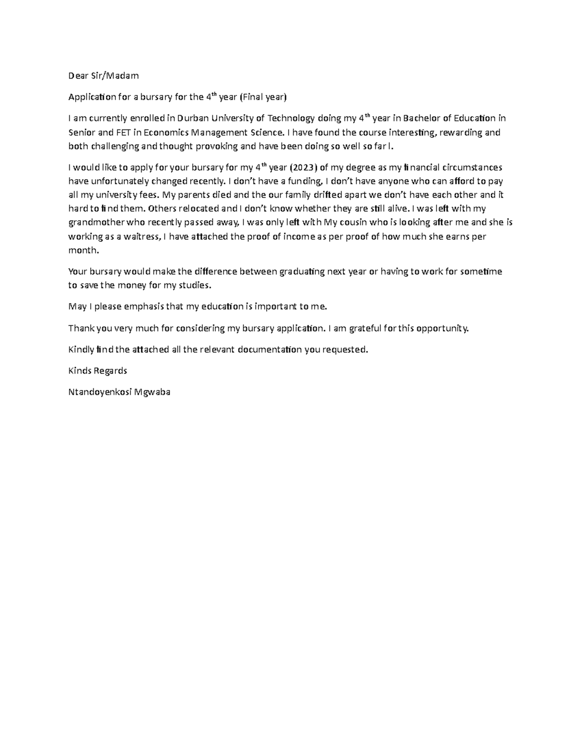 Motivational letter 2 - Dear Sir/Madam Application for a bursary for ...