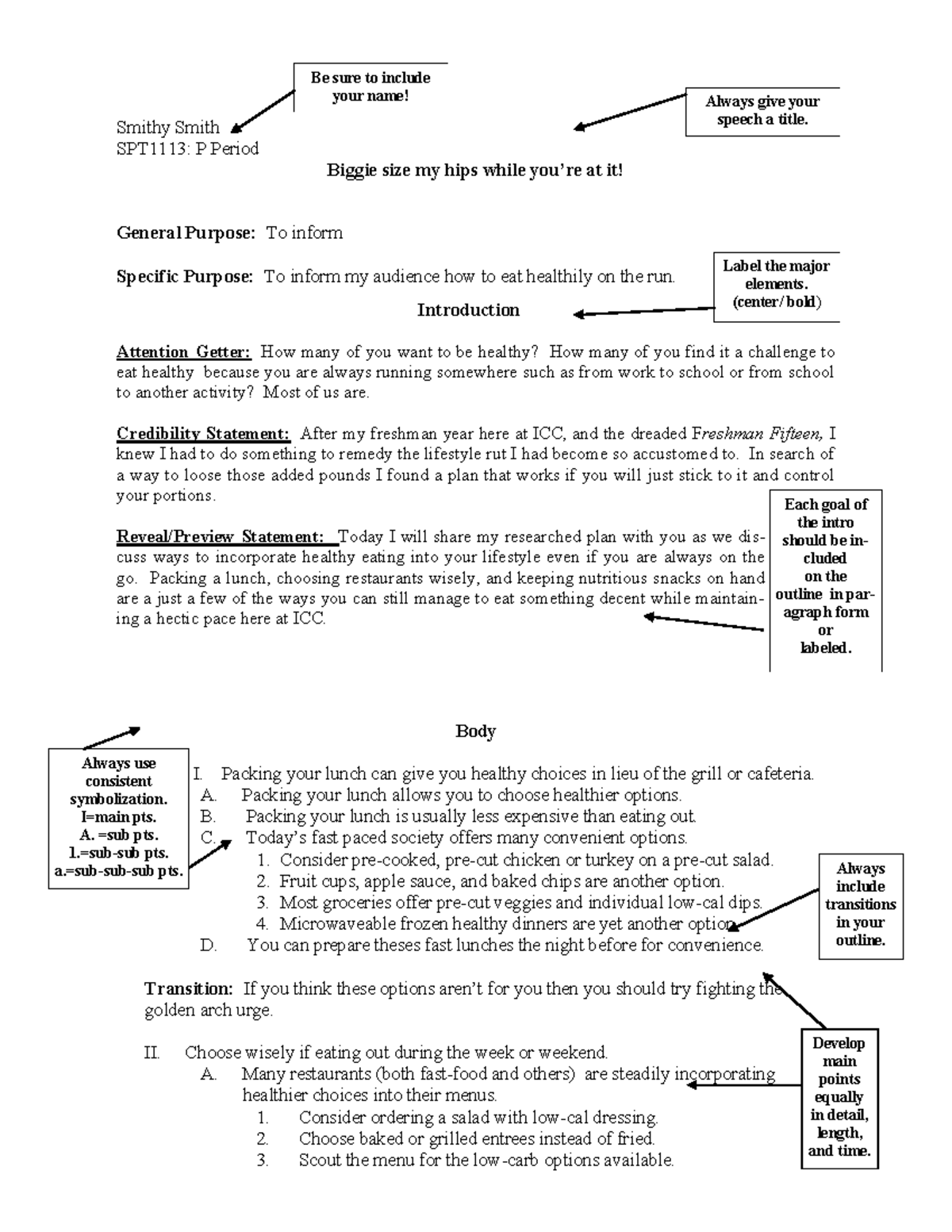 Sample Outline (Biggie Size) - Body I. Packing your lunch can give you ...