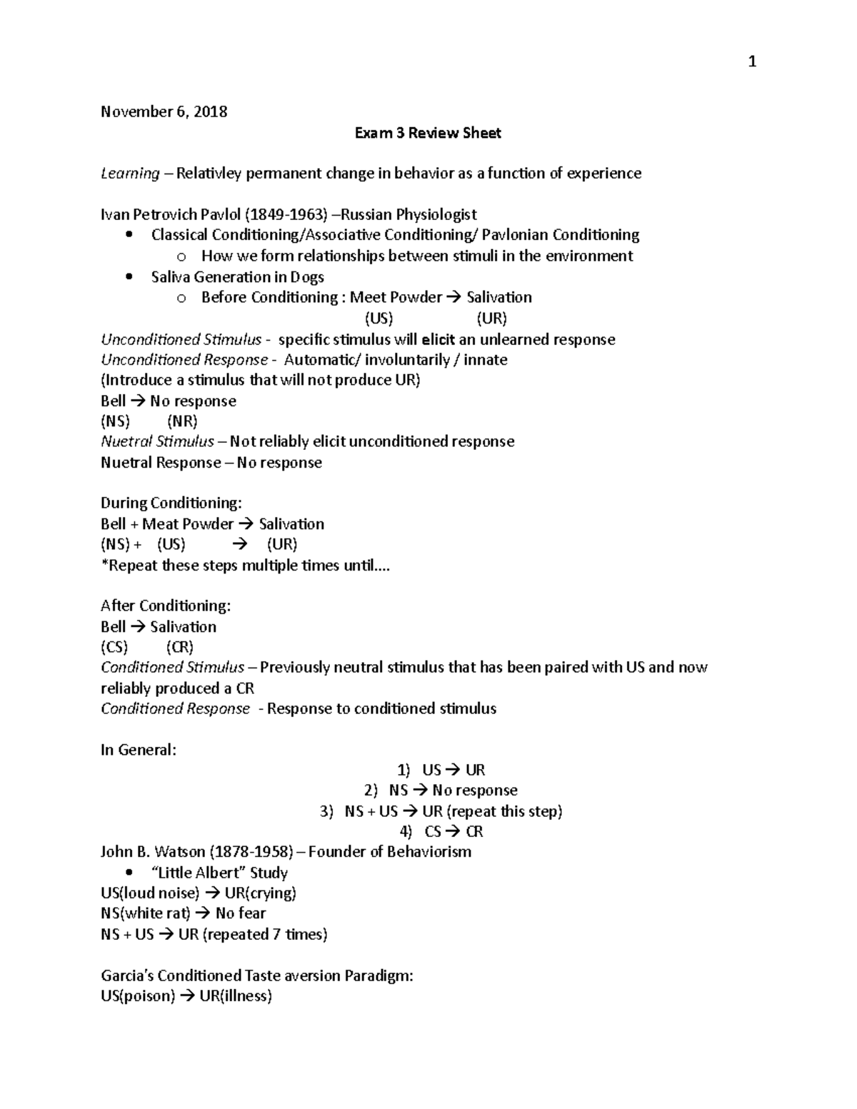 Exam 3 Study Guide - Lecture notes Exam 3 - November 6, 2018 Exam 3 ...