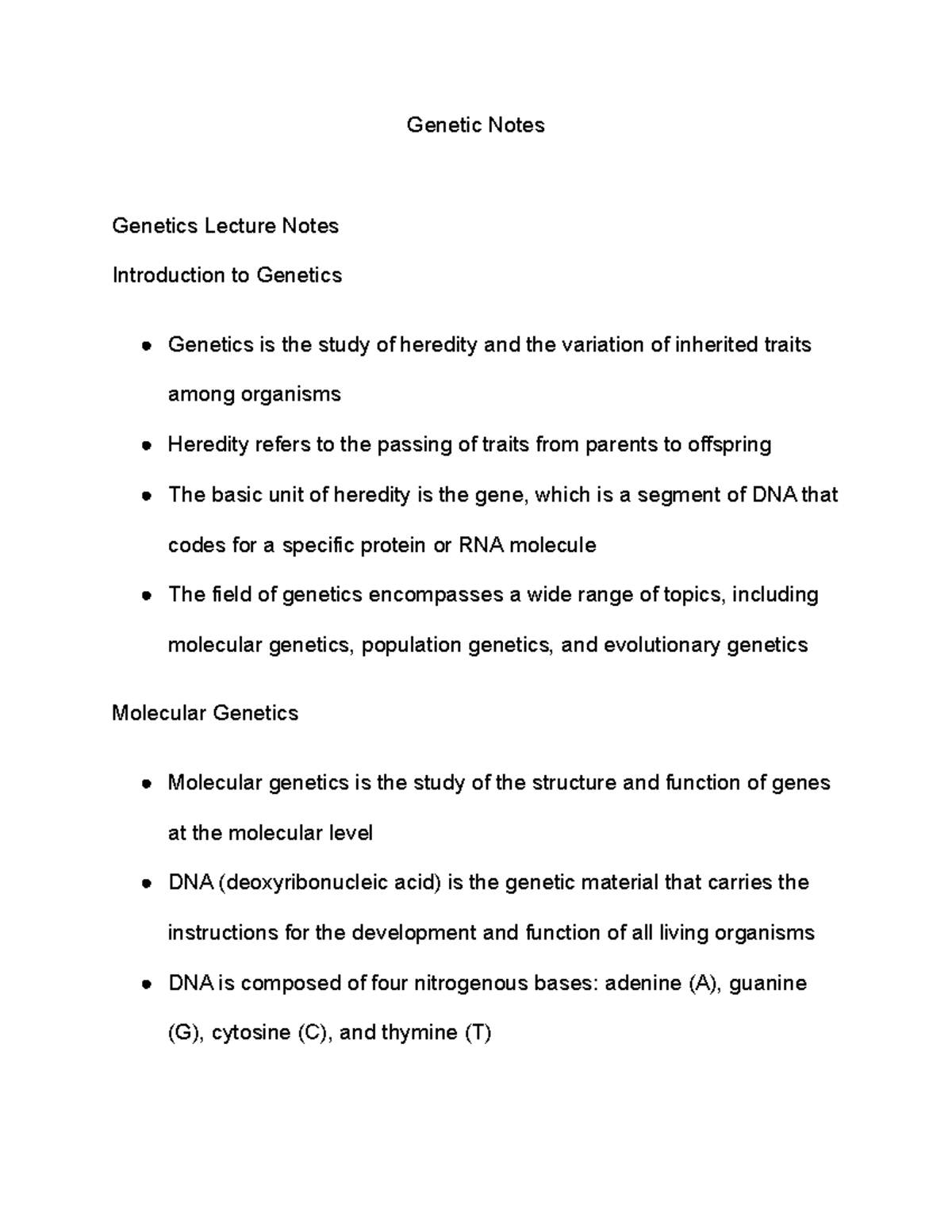 Genetics Notes - Genetic Notes Genetics Lecture Notes Introduction To ...