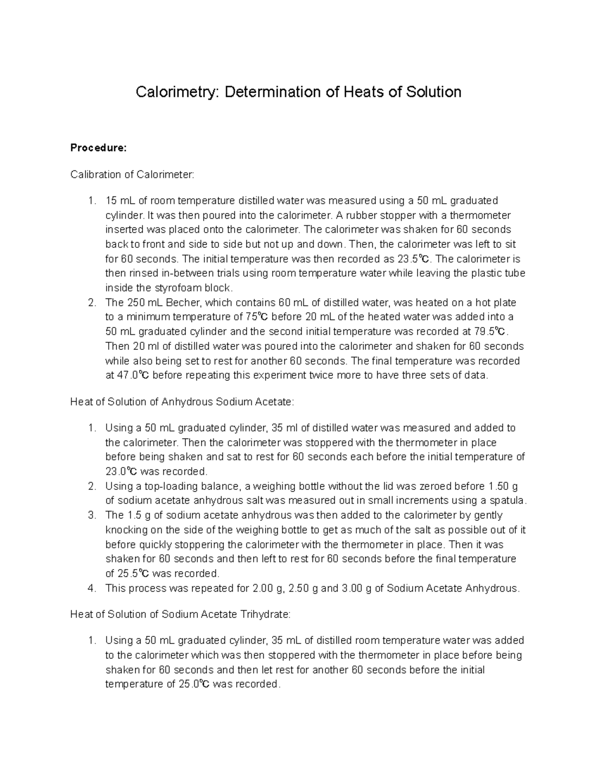 Cal short report Calorimetry Determination of Heats of Solution