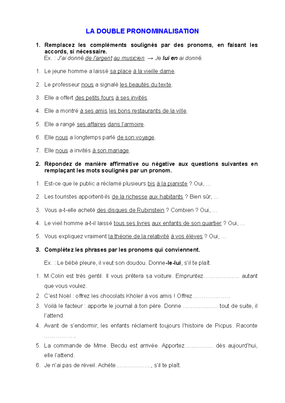 Document - asdfasdef - LA DOUBLE PRONOMINALISATION Remplacez les ...