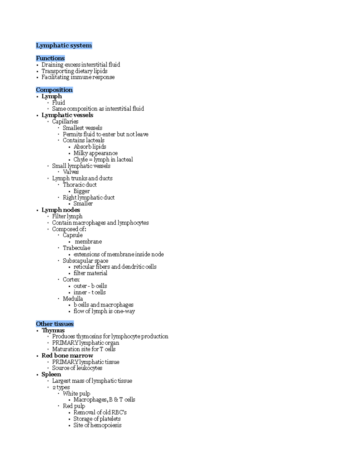 Lymphatic System Summary Lymphatic System Functions Draining Excess Interstitial Fluid Studocu