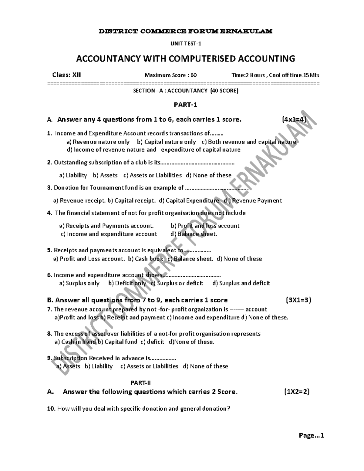 First unit test Accountancy - DISTRICT COMMERCE FORUM ERNAKULAM UNIT