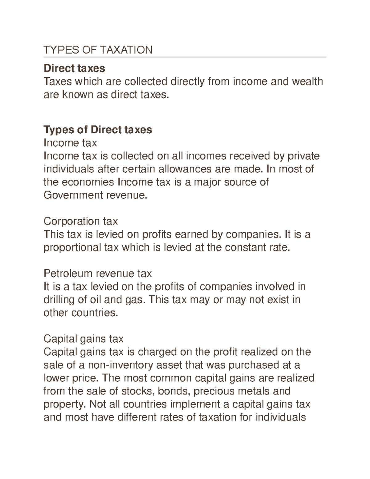 Types OF Taxation - TYPES OF TAXATION Direct taxes Taxes which are ...