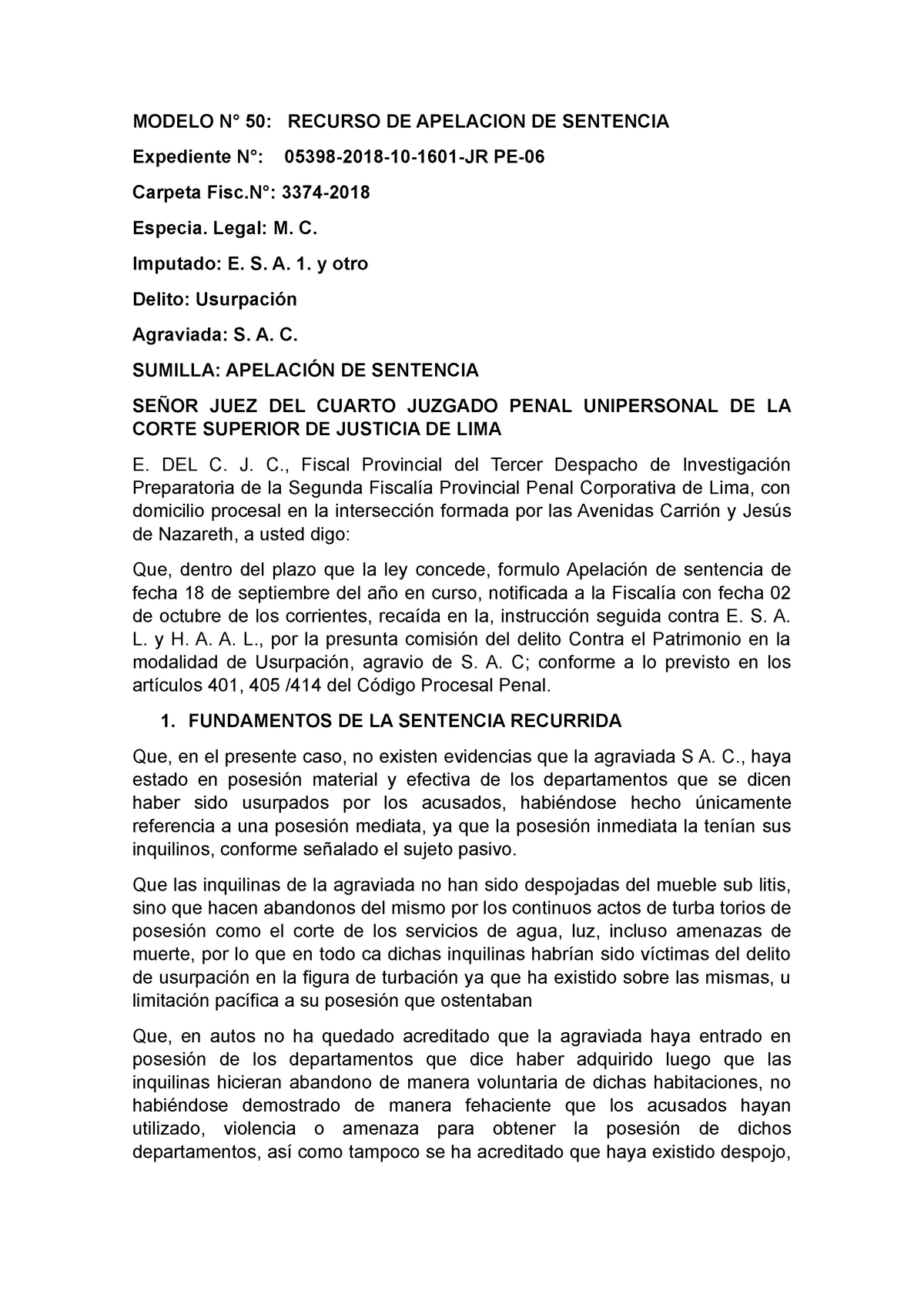  Modelo Recurso DE Apelacion DE Sentencia - MODELO N° 50: RECURSO DE  APELACION DE SENTENCIA - Studocu