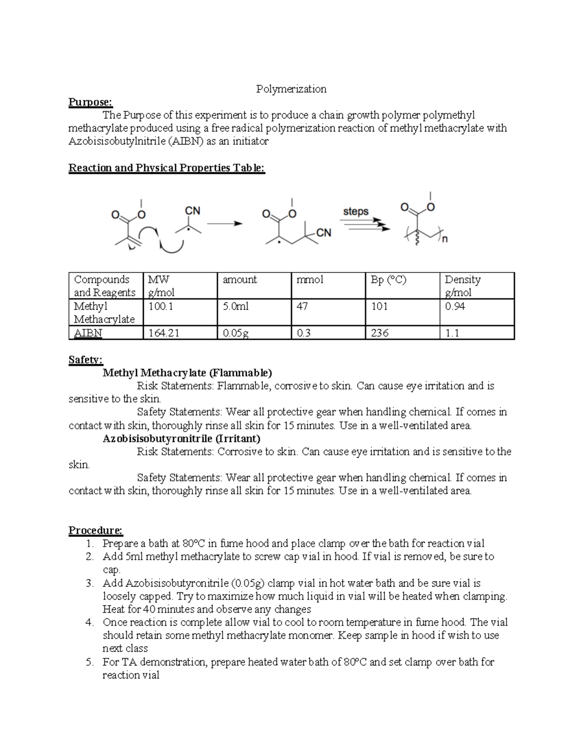 Experiment 2 Lab Report - Polymerization Purpose: The Purpose of this ...