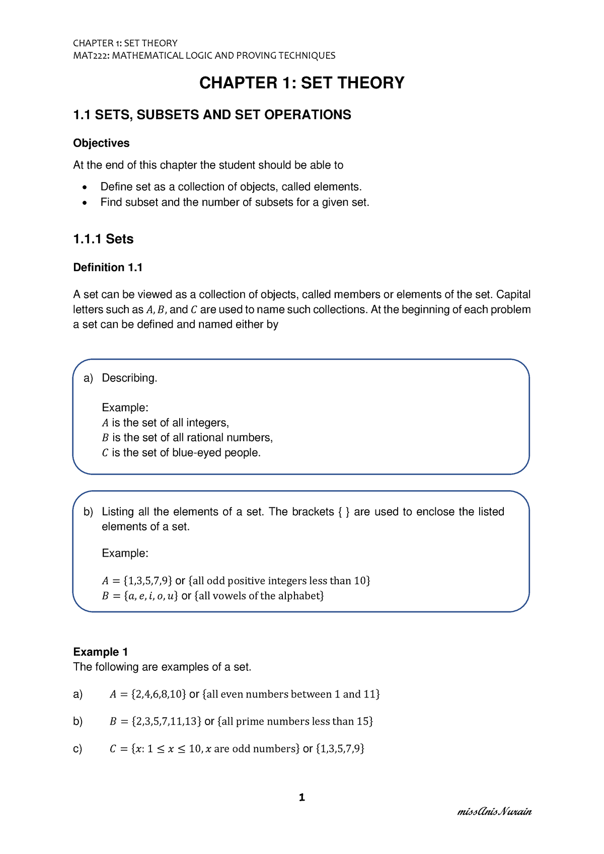 1. Chapter 1 - SETS Theory (SETS) - MAT222: MATHEMATICAL LOGIC AND ...