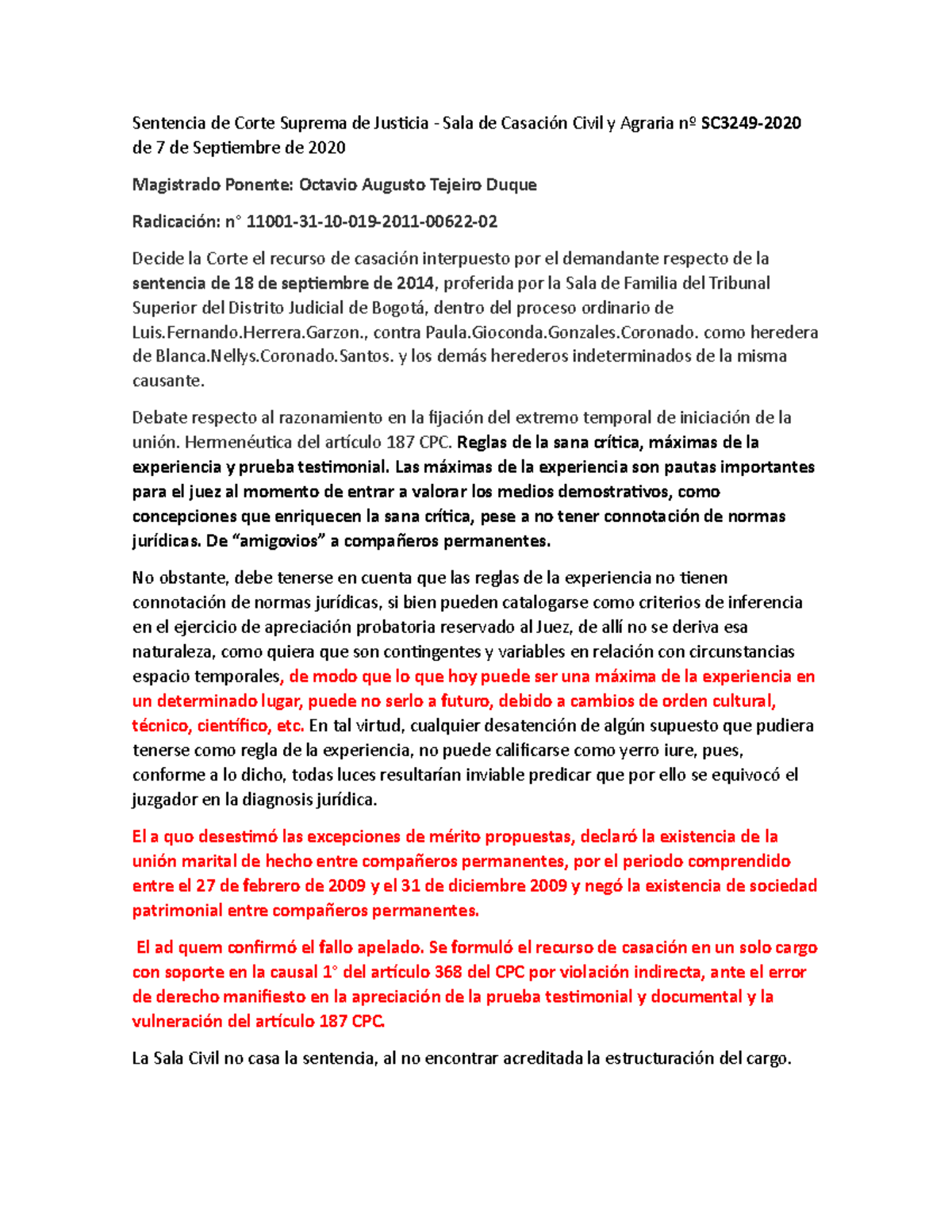 Sentencia de Corte Suprema de Justicia Union Marital - Sentencia de