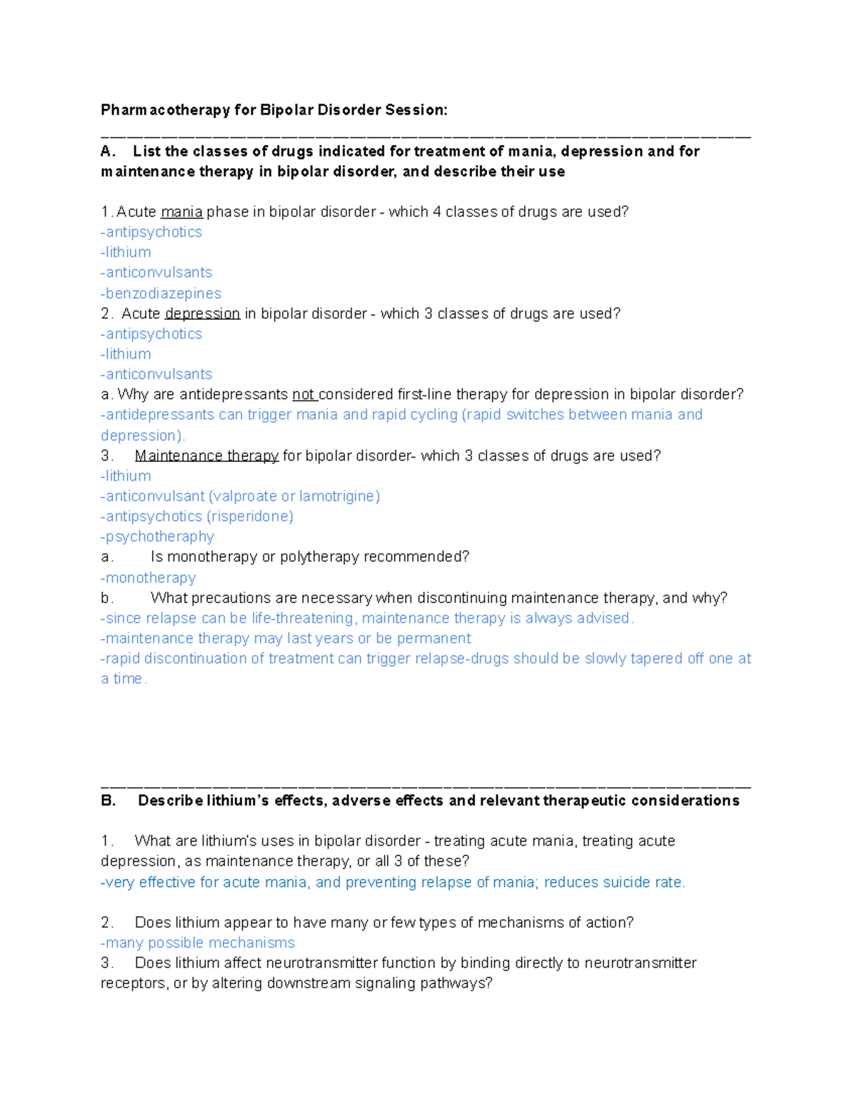 Antimanic - Pharmacotherapy for Bipolar Disorder Session: A. List the ...