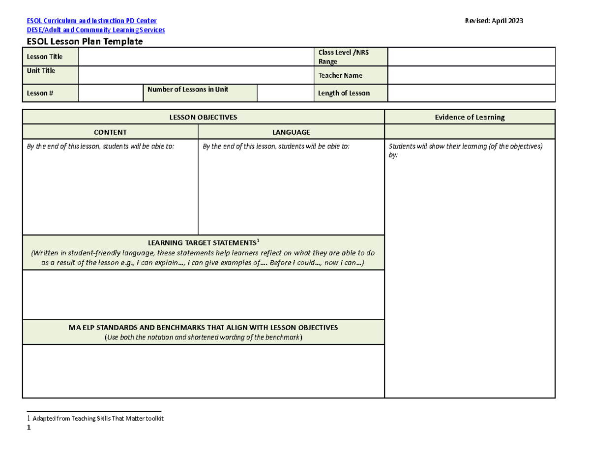 lesson plan template - DESE/Adult and Community Learning Services ESOL ...