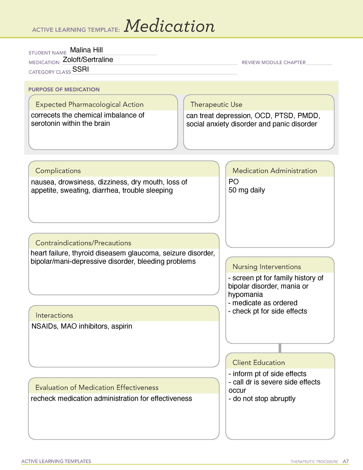 Zoloft Medication Active Learning Template
