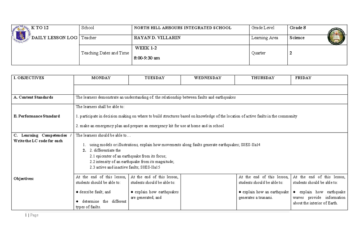 656074269 DLL Science 8 Q2 - K TO 12 DAILY LESSON LOG School NORTH HILL ...