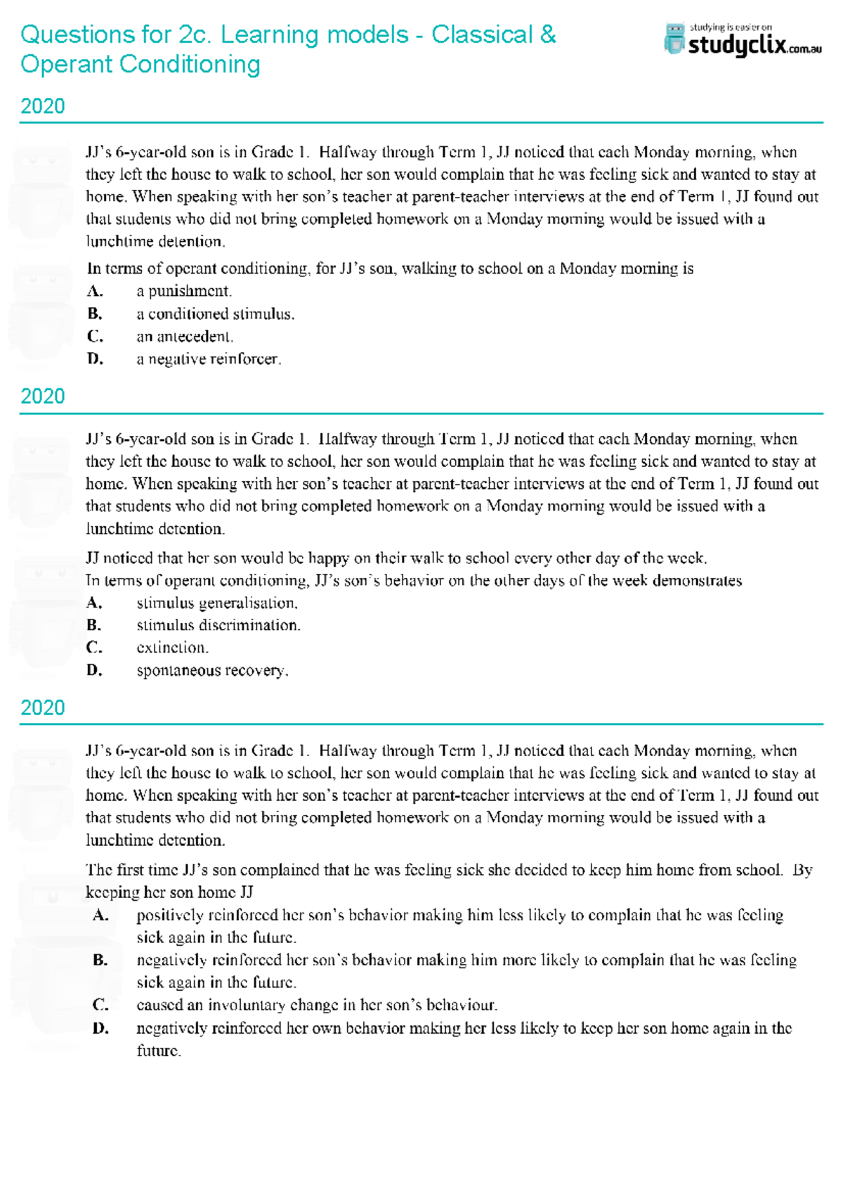 Studyclix questions - Classical Operantconditioning - Questions for 2c ...