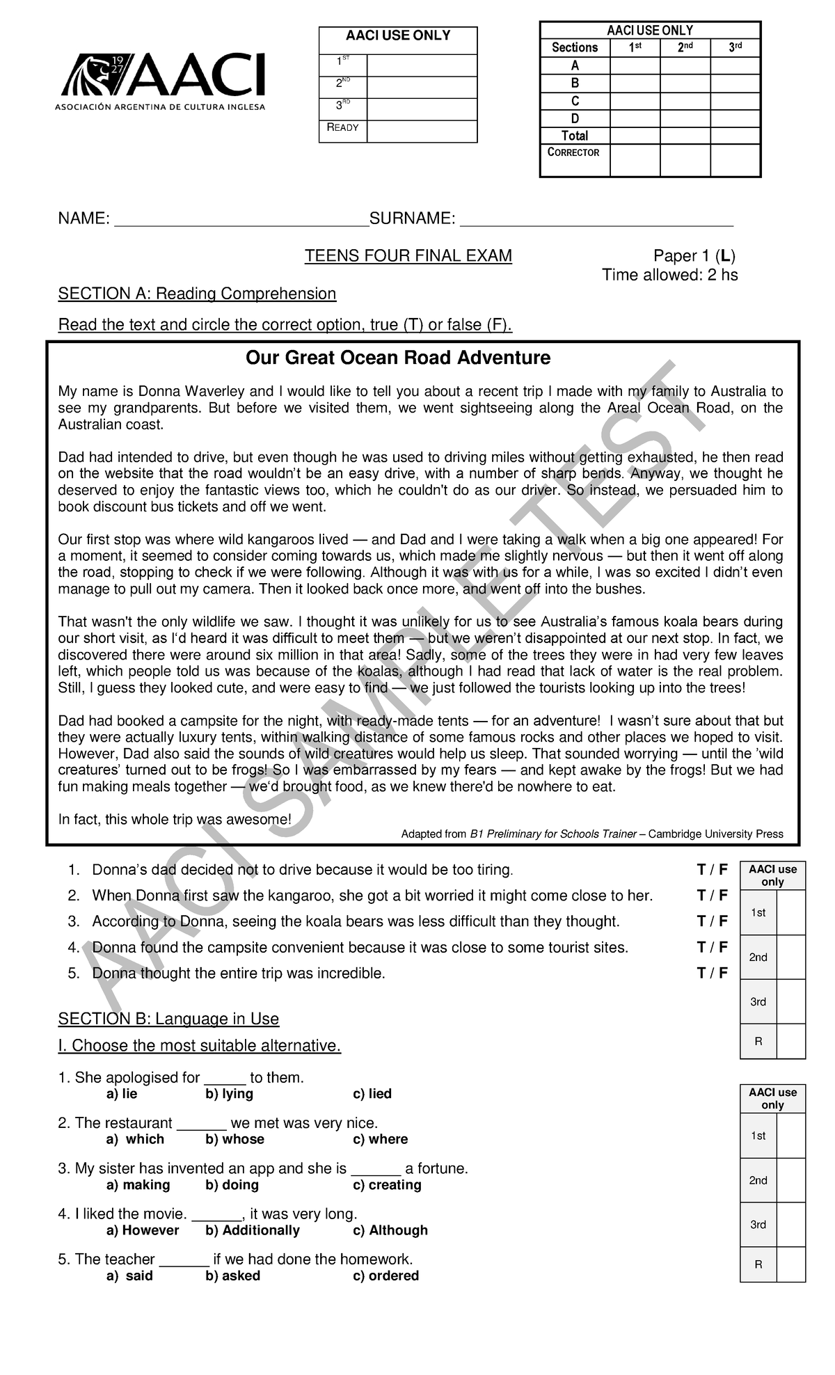 T4 P1 - sample test - AACI use only 1st 2nd 3rd R AACI use only 1st 2nd ...