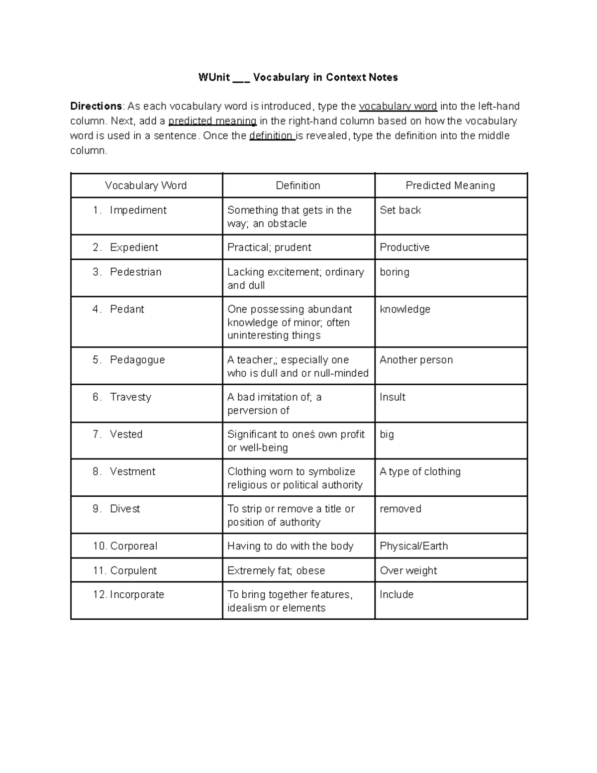 Unit 8 Vocab Notes - WUnit ___ Vocabulary in Context Notes Directions ...