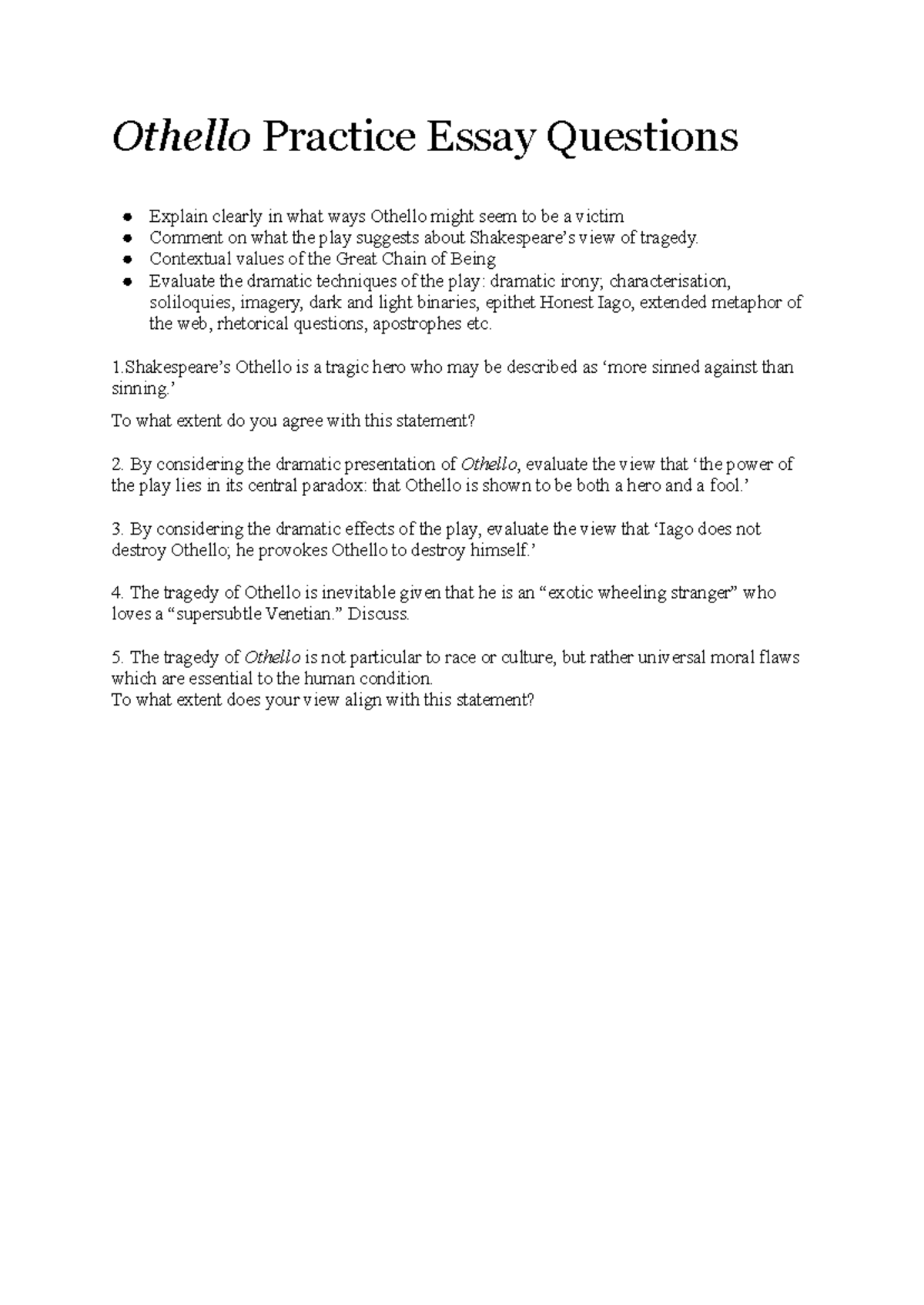 Othello Practice Essay Questions - Contextual values of the Great Chain ...