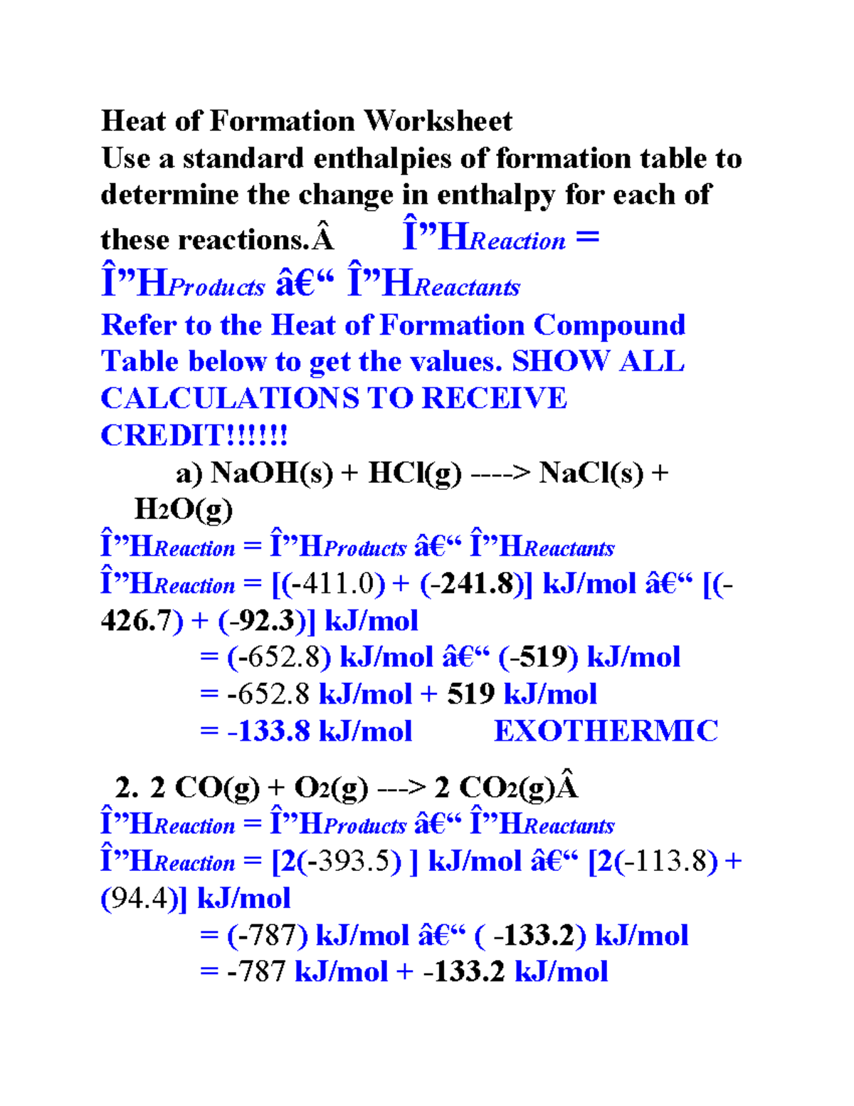 Chem 1 Chemistry HW Heat of Formation Worksheet Use a standard