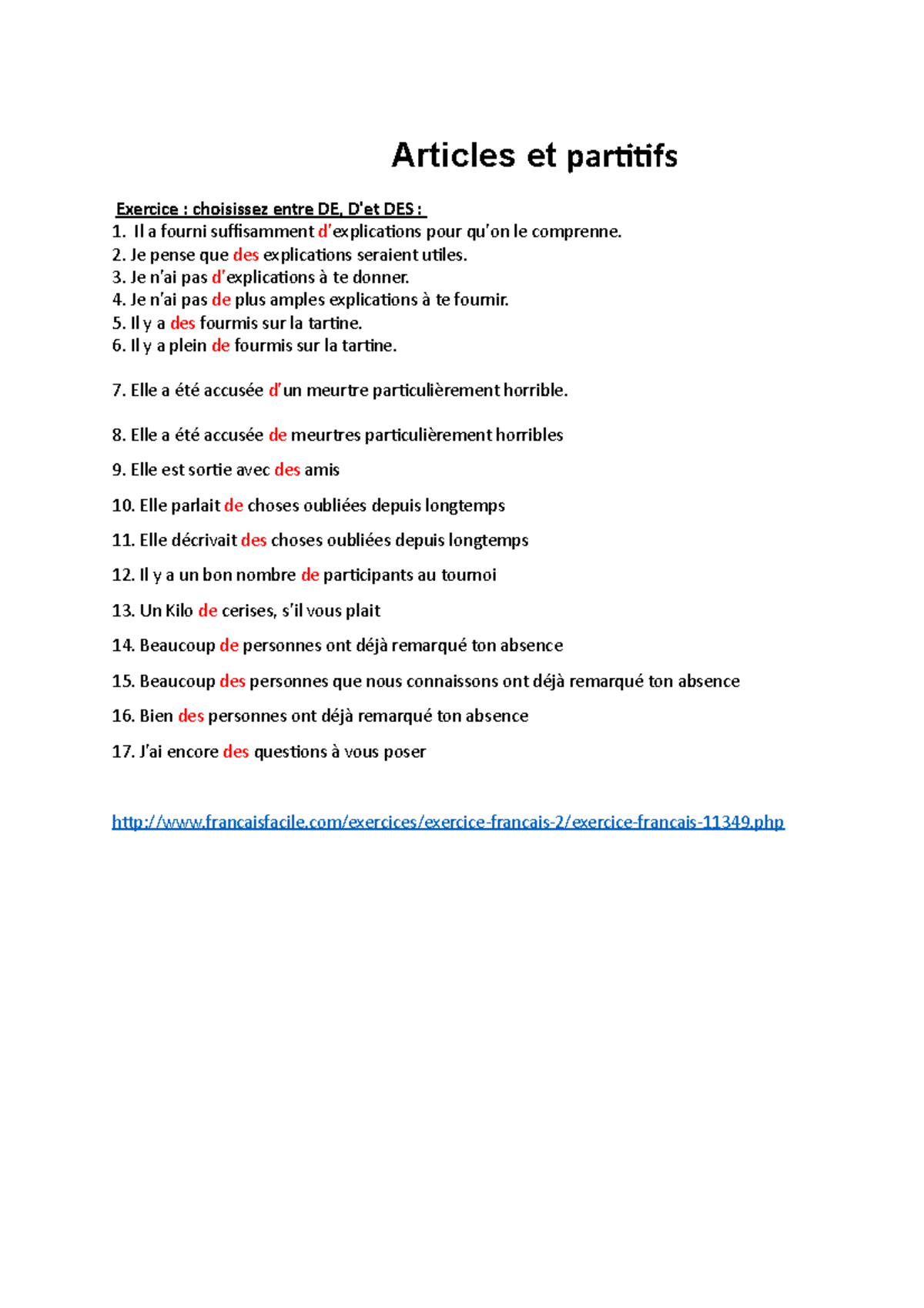 Week 20 Devoirs Articles Et Partitifs - Articles Et Partitifs Exercice ...