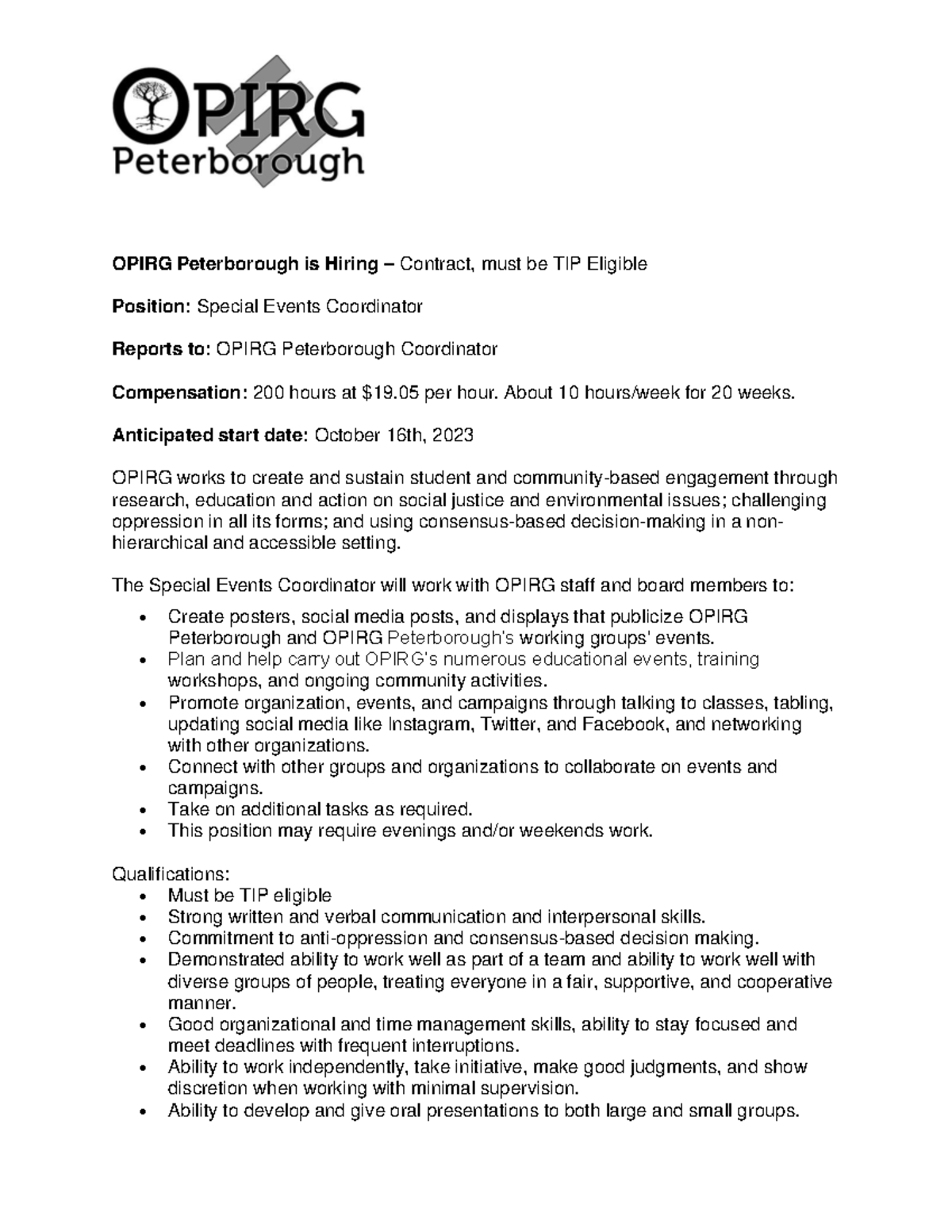 Special Events Coordinator Job Description 2023 2024 TIP OPIRG