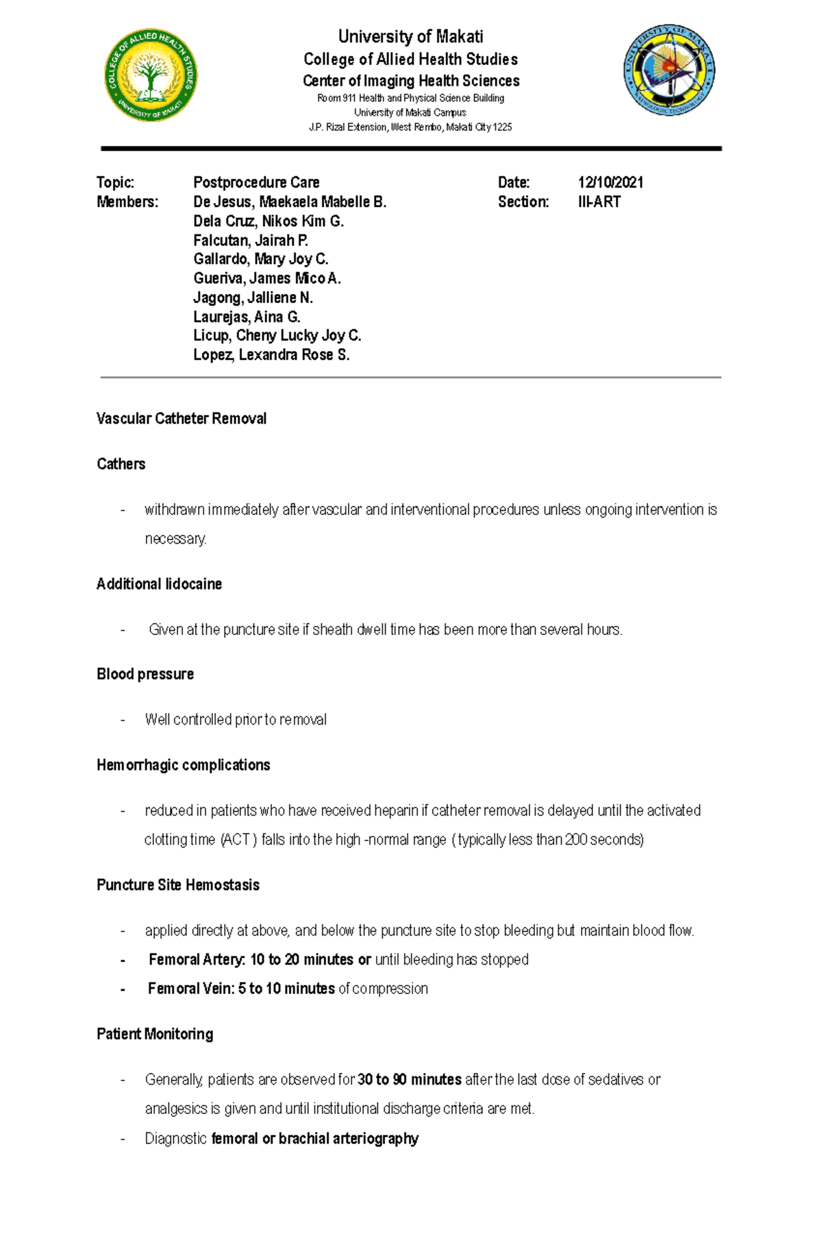 IR - Postprocedure-Care - University of Makati College of Allied Health ...