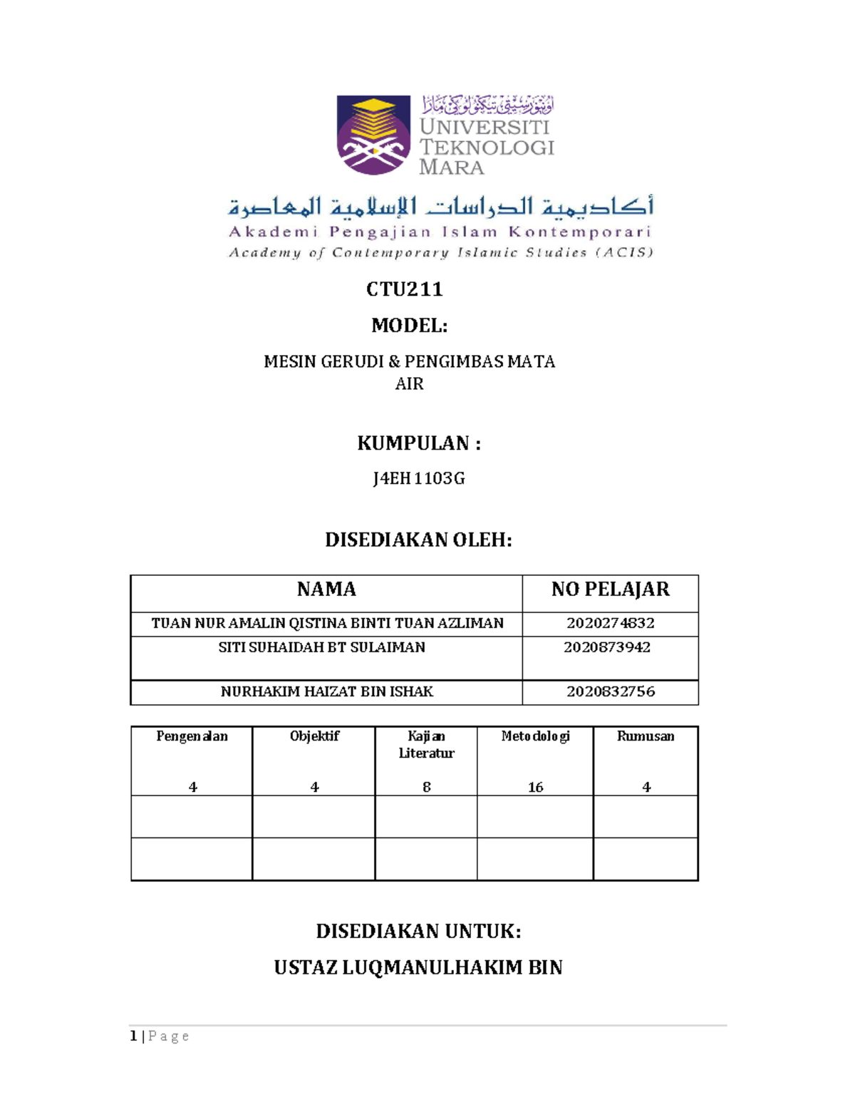 CTU211 Kertas Kerja - Assignment to produce a model that can be a help ...