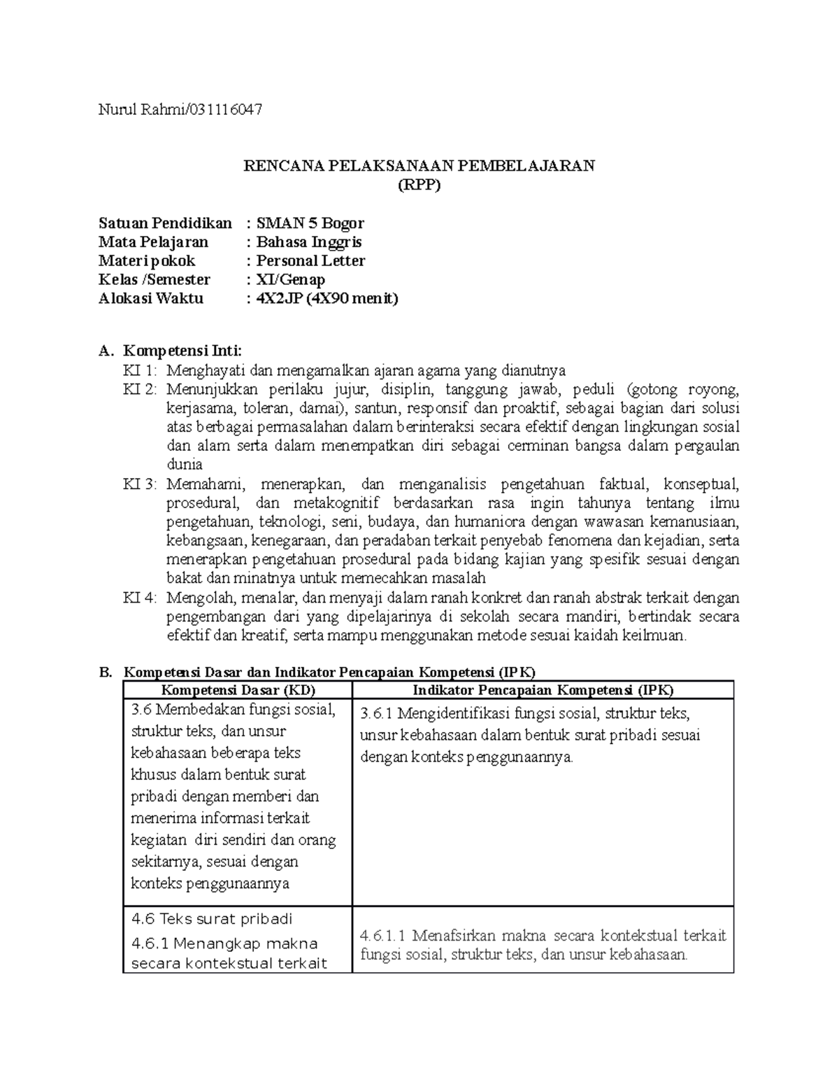 RPP Personal Letter - Contains RPP with topics for the English Language ...