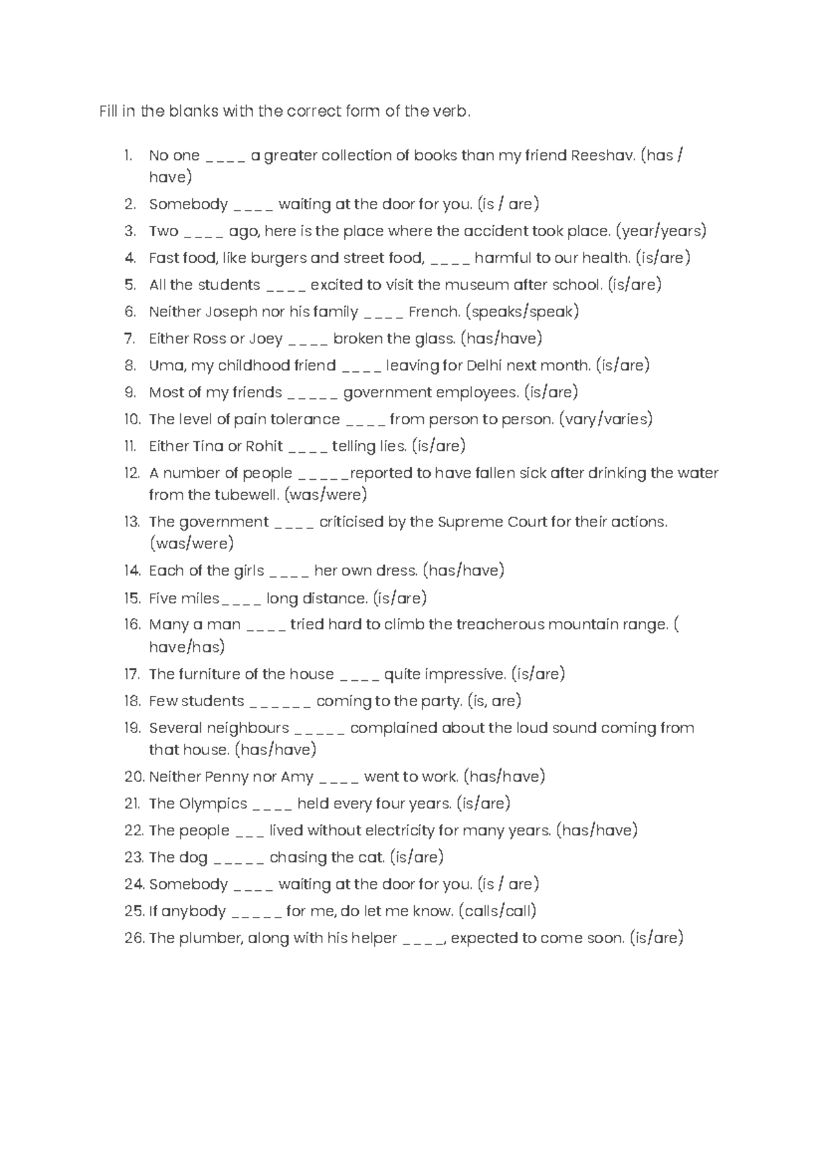 Sub verb agreement - english - Fill in the blanks with the correct form ...