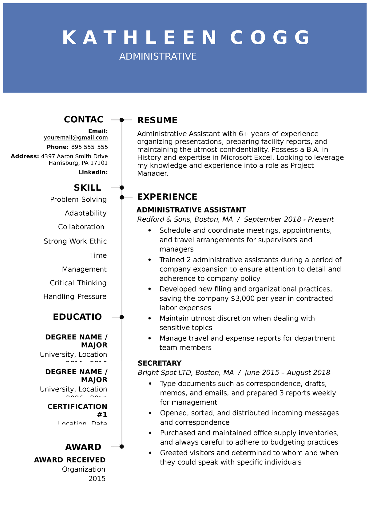 2021 Resume Template Blue - K A T H L E E N C O G G ADMINISTRATIVE ...