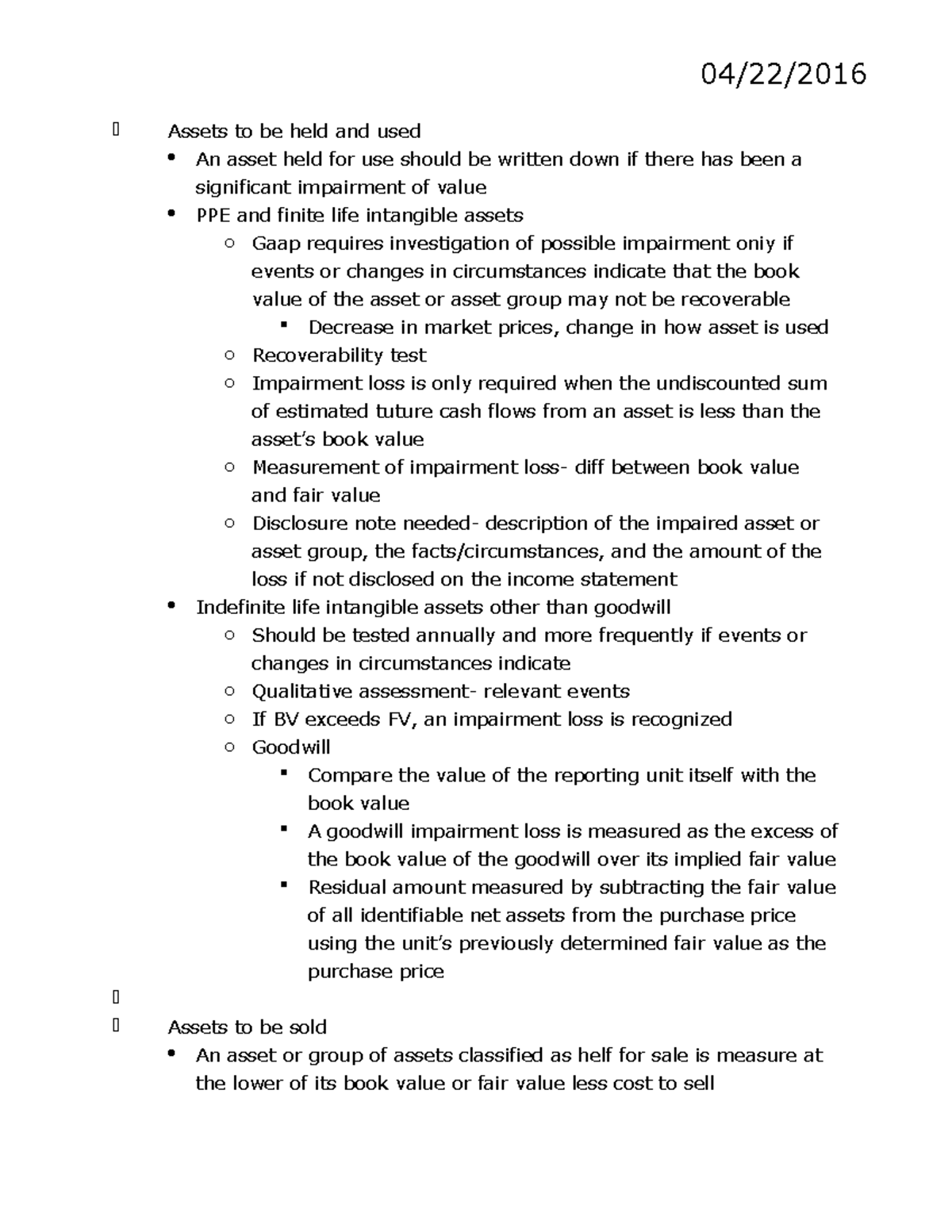 Chapter 11 Summary Financial Accounting 1 Assets to be held and