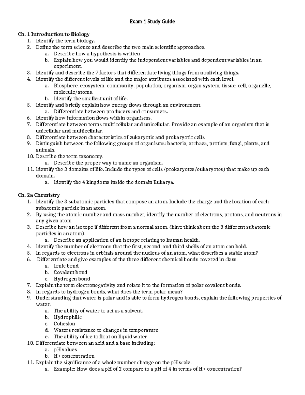 Exam 1 Study Guide - Exam 1 Study Guide Ch. 1 Introduction To Biology ...