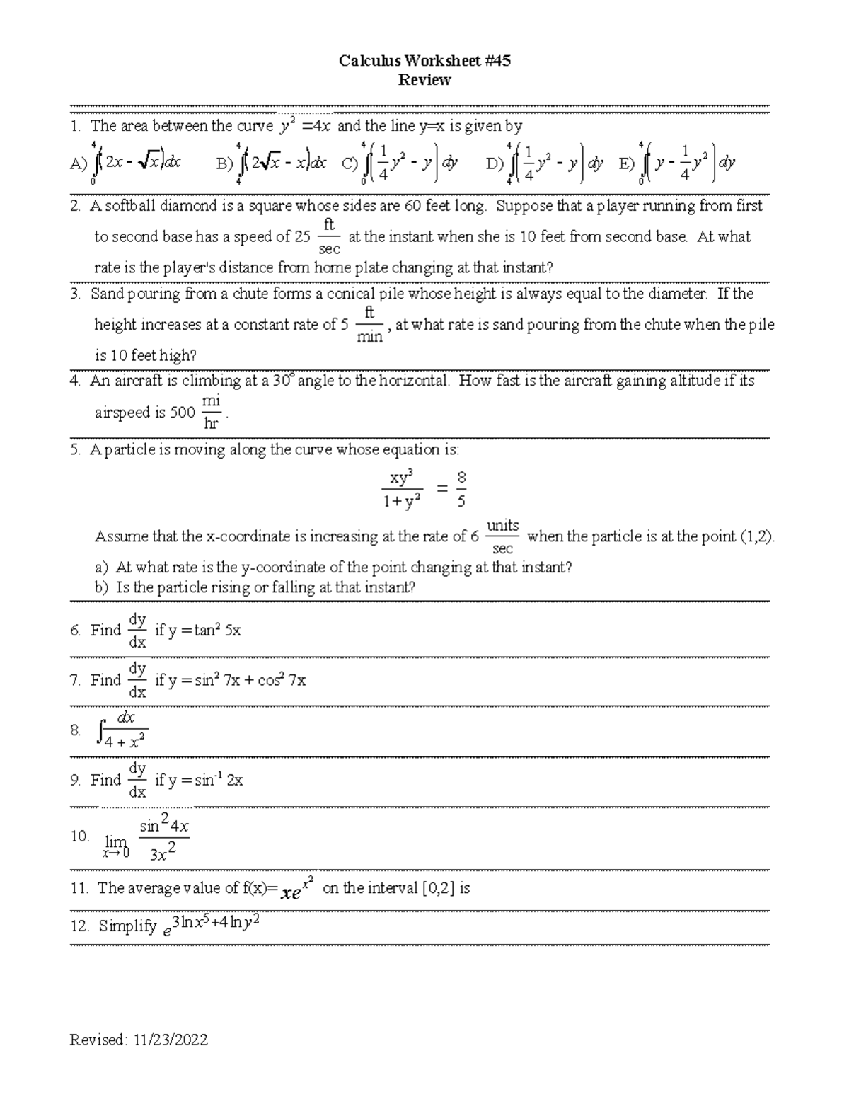 AB Ws 045 test rev - Calculus 1 worksheet provided by Dr.Meyers with ...