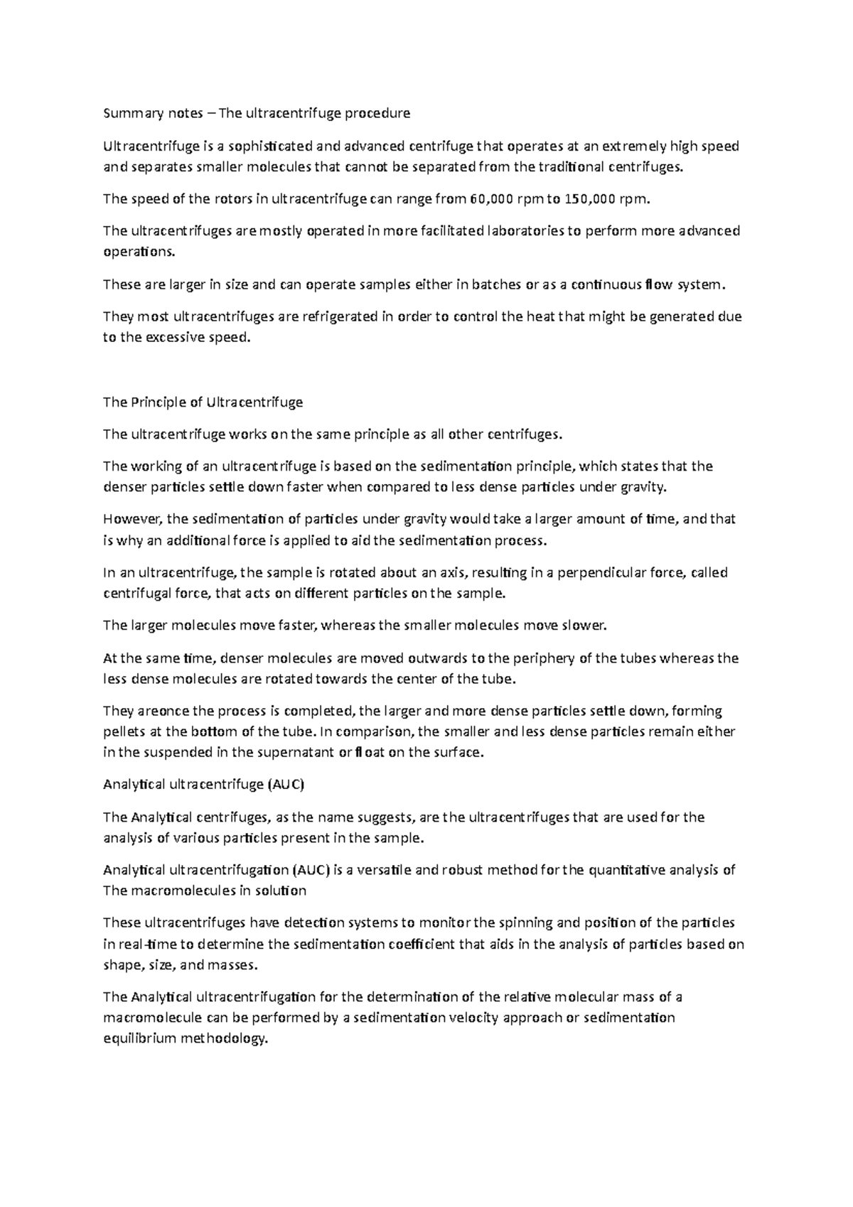 Summary notes The ultracentrifuge procedure Summary notes The