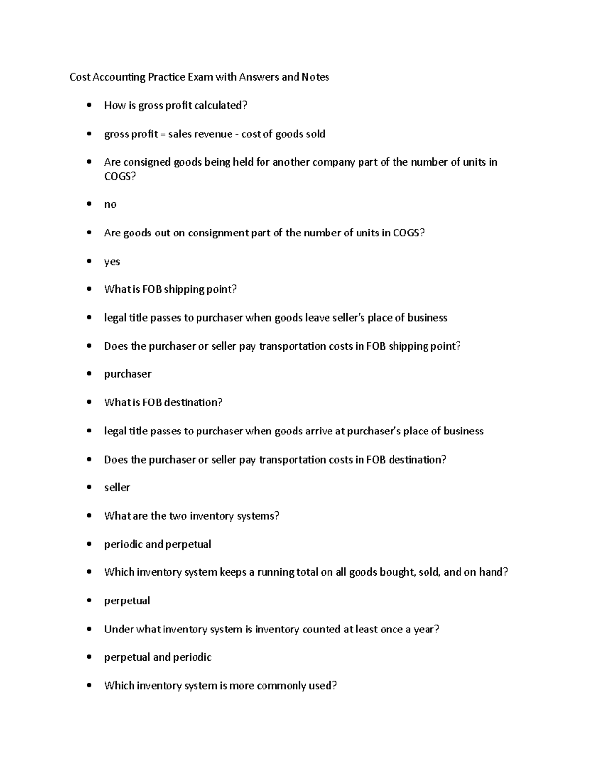 Cost Accounting Practice Exam with Answers and Notes Studocu