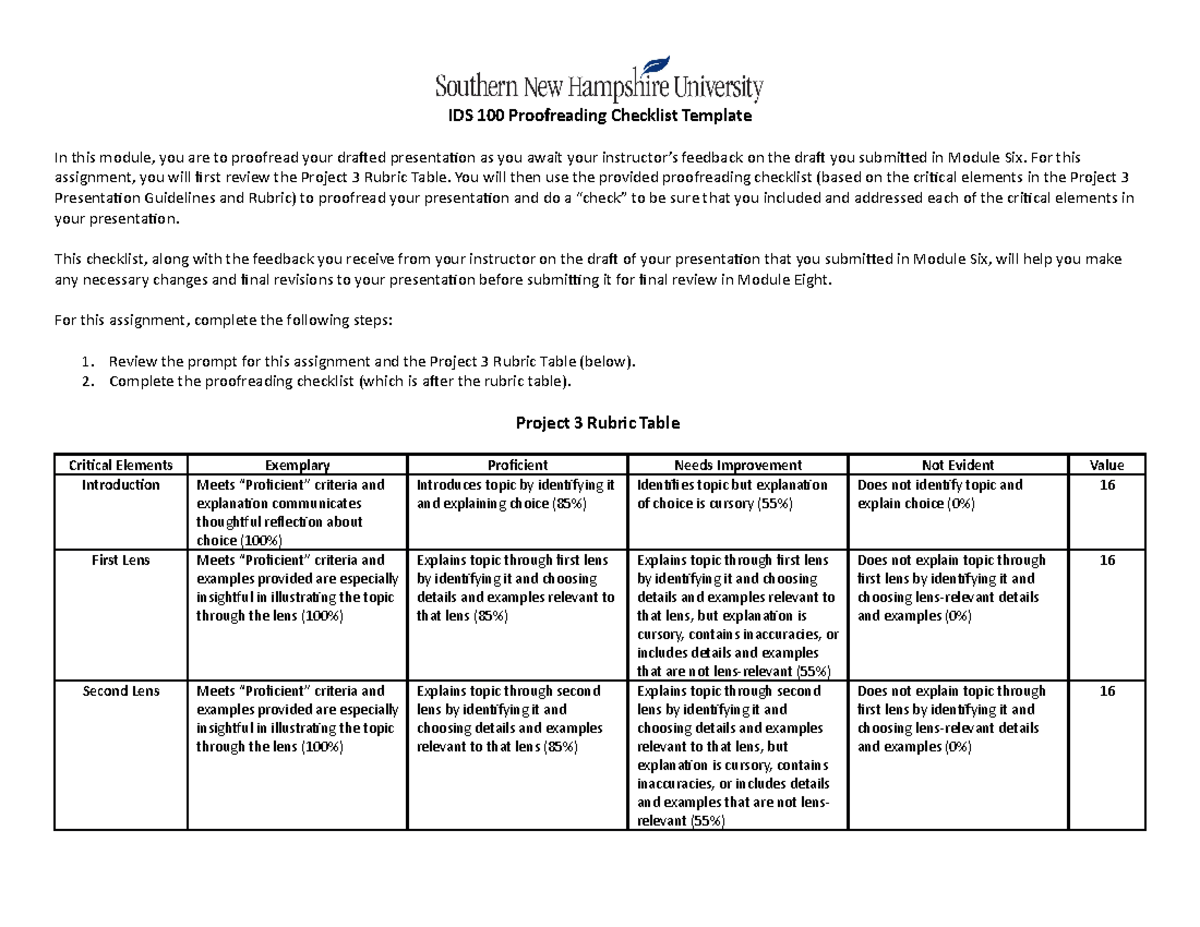 IDS 100 Proofreading Checklist Template - For this assignment, you will ...