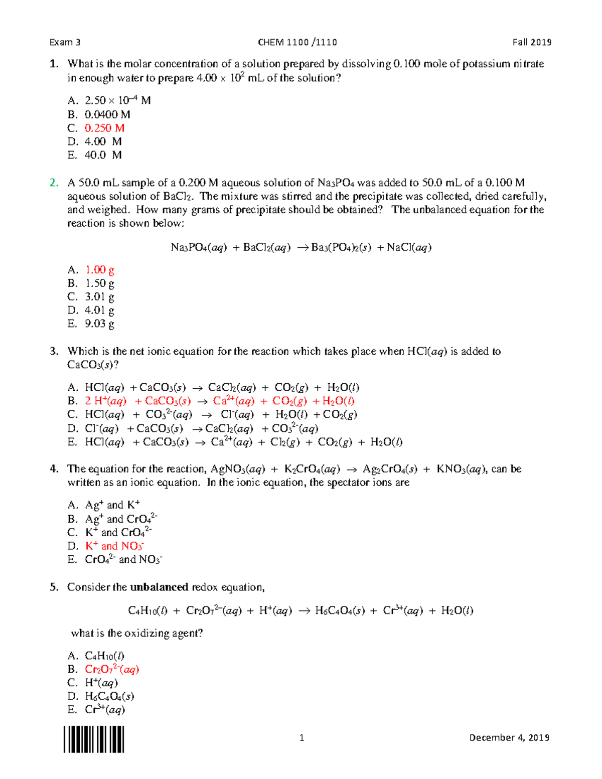 Chem1 Exam 3 F2019 with Answer Key - 1 December 4, 2019 What is the ...