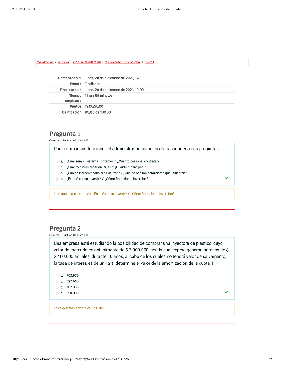 Finanzas Prueba 1 - Página Principal / Mis Cursos / 21-5B-FIM1004-591 ...