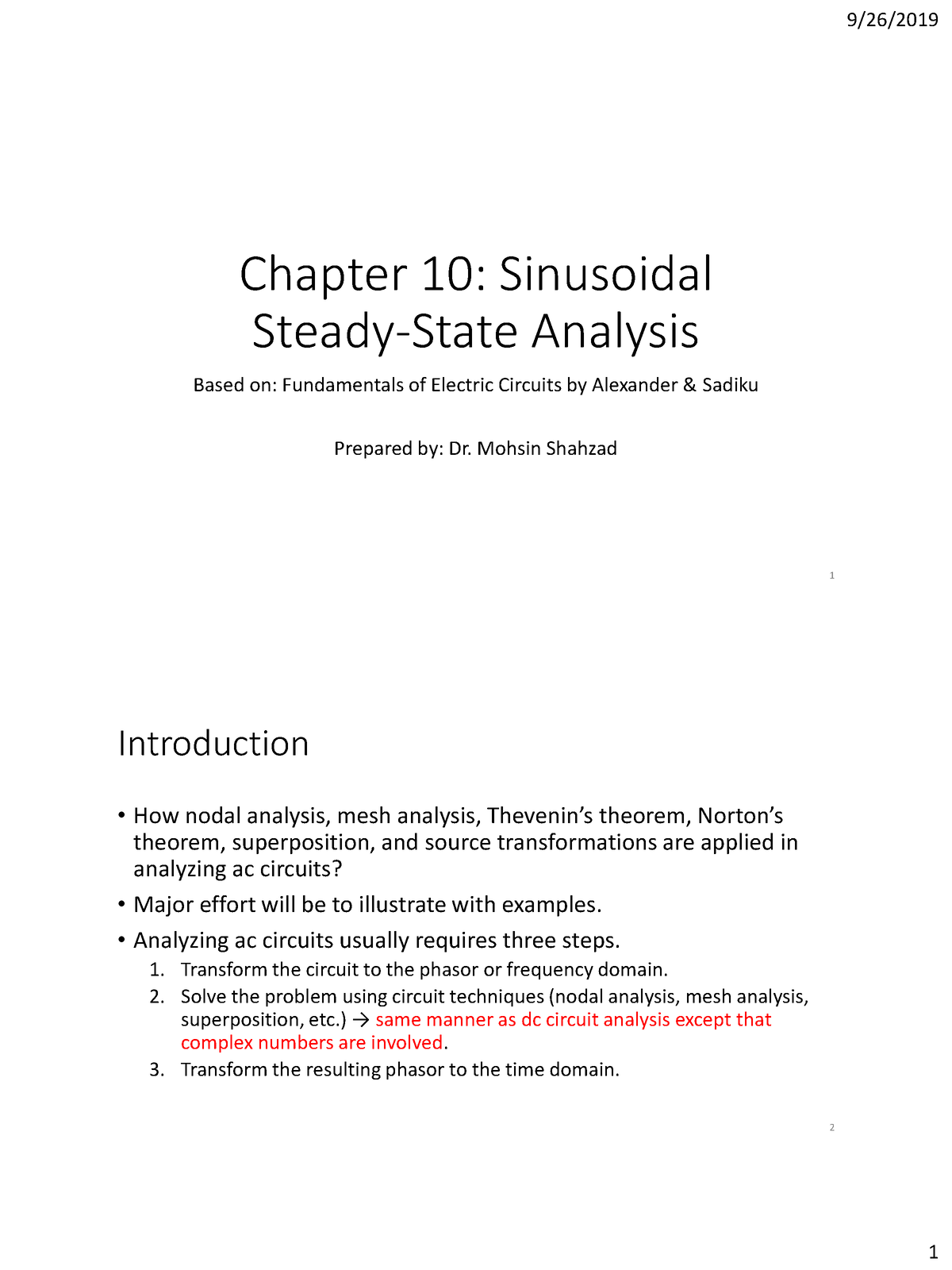 CH#10 - Chap 10 Notes - Chapter 10: Sinusoidal Steady-State Analysis ...