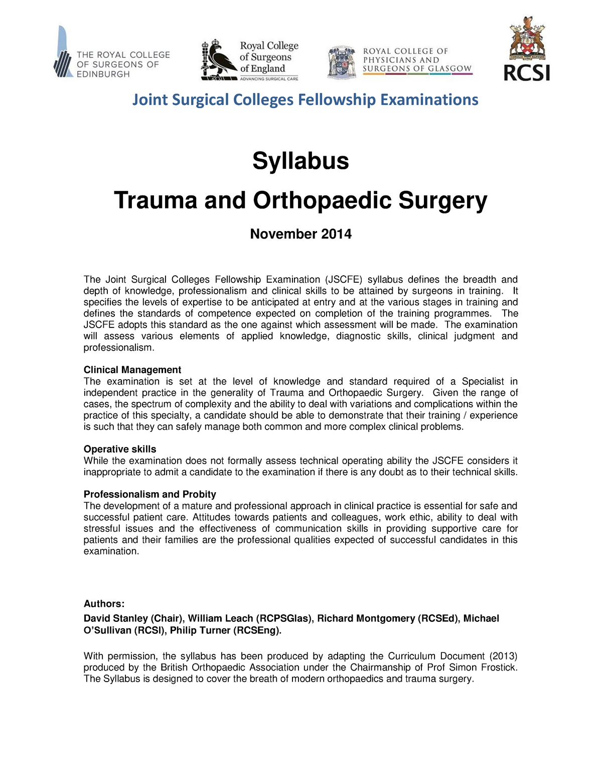 Jscfe Syllabus Trauma & Orthopaedic Surgery Joint Surgical Colleges