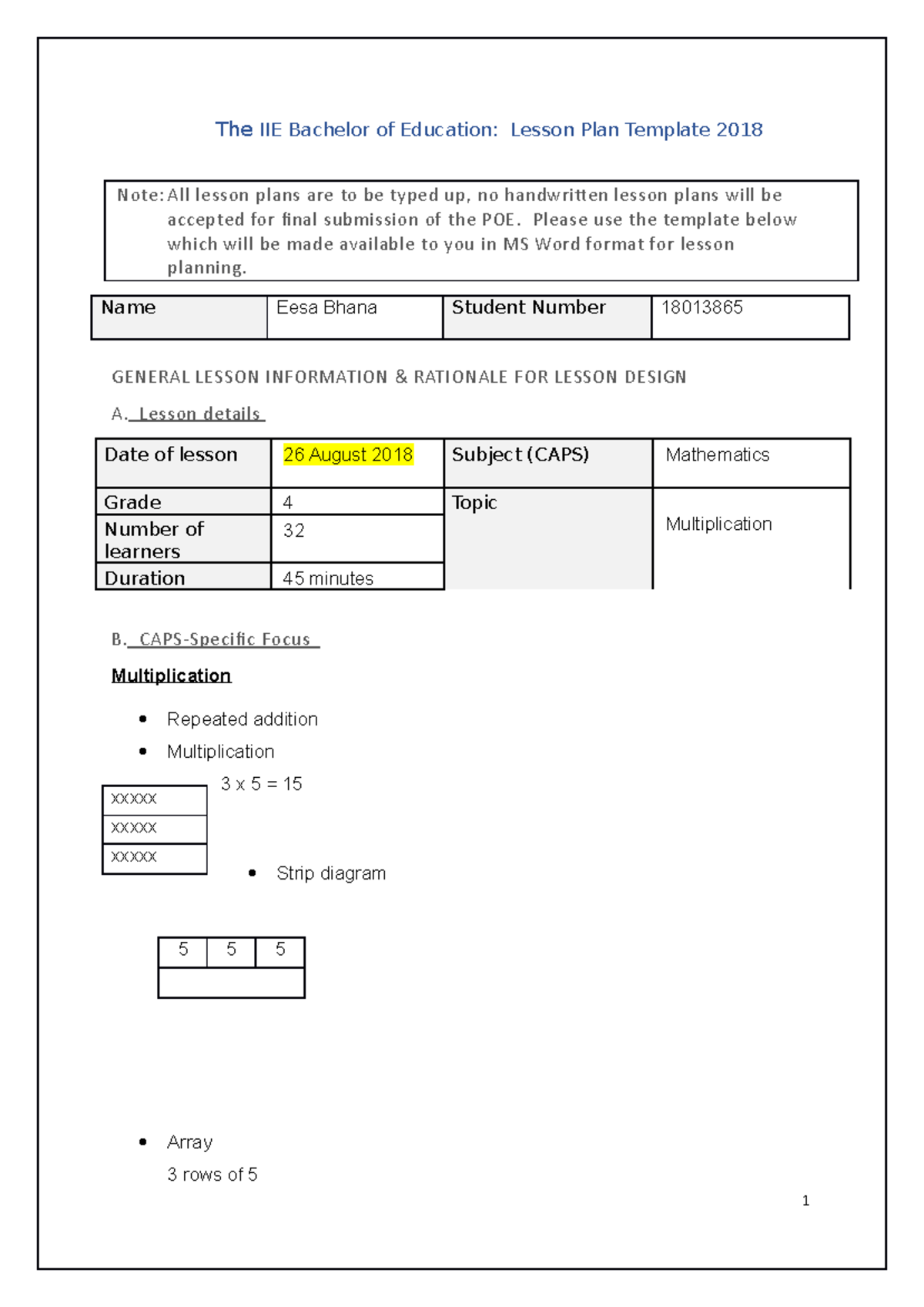Math lesson plan grade 4 and rationale 18013865 The IIE Bachelor of