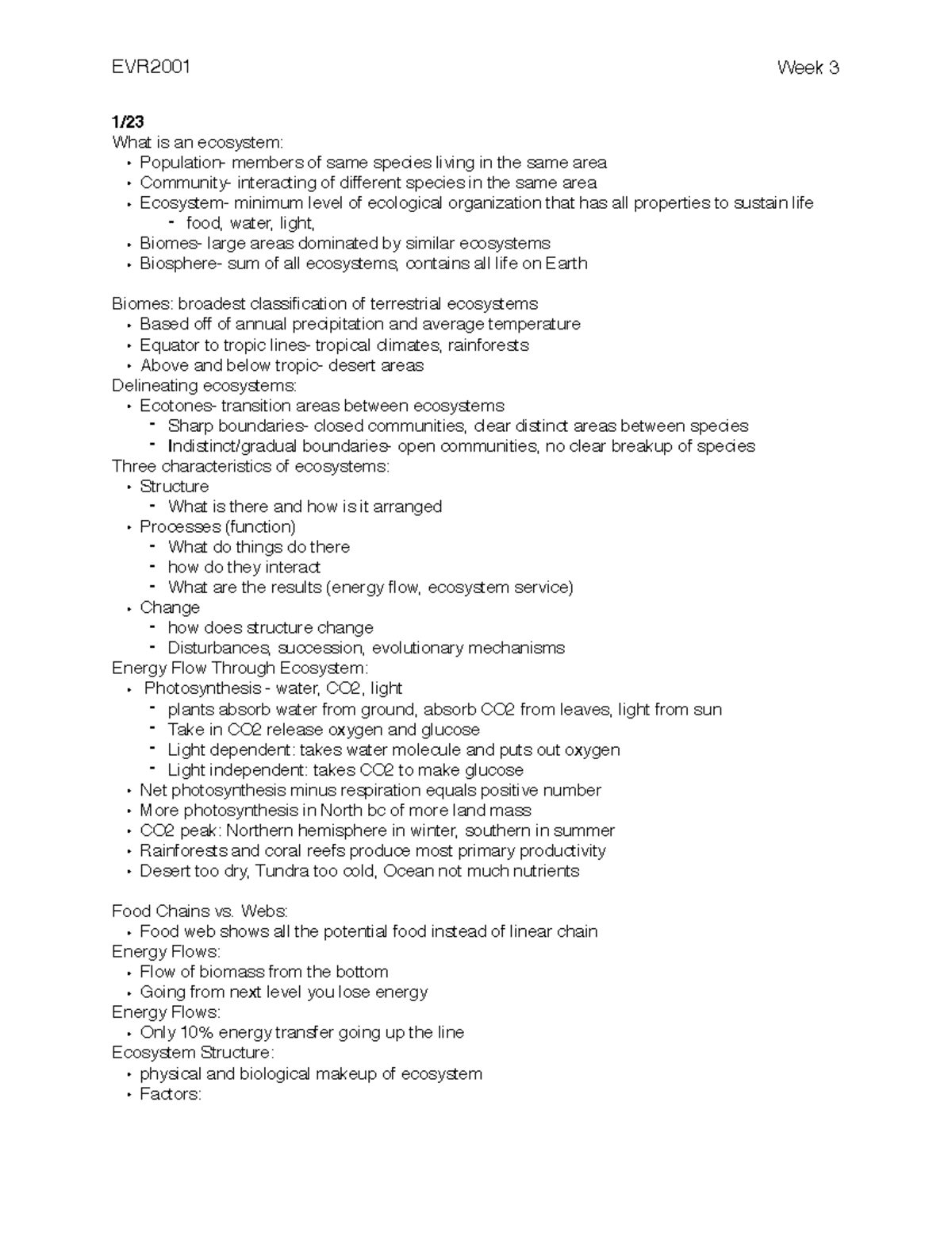 EVR2001 Lecture notes 4 - EVR2001 Week 3 1/23 What is an ecosystem ...